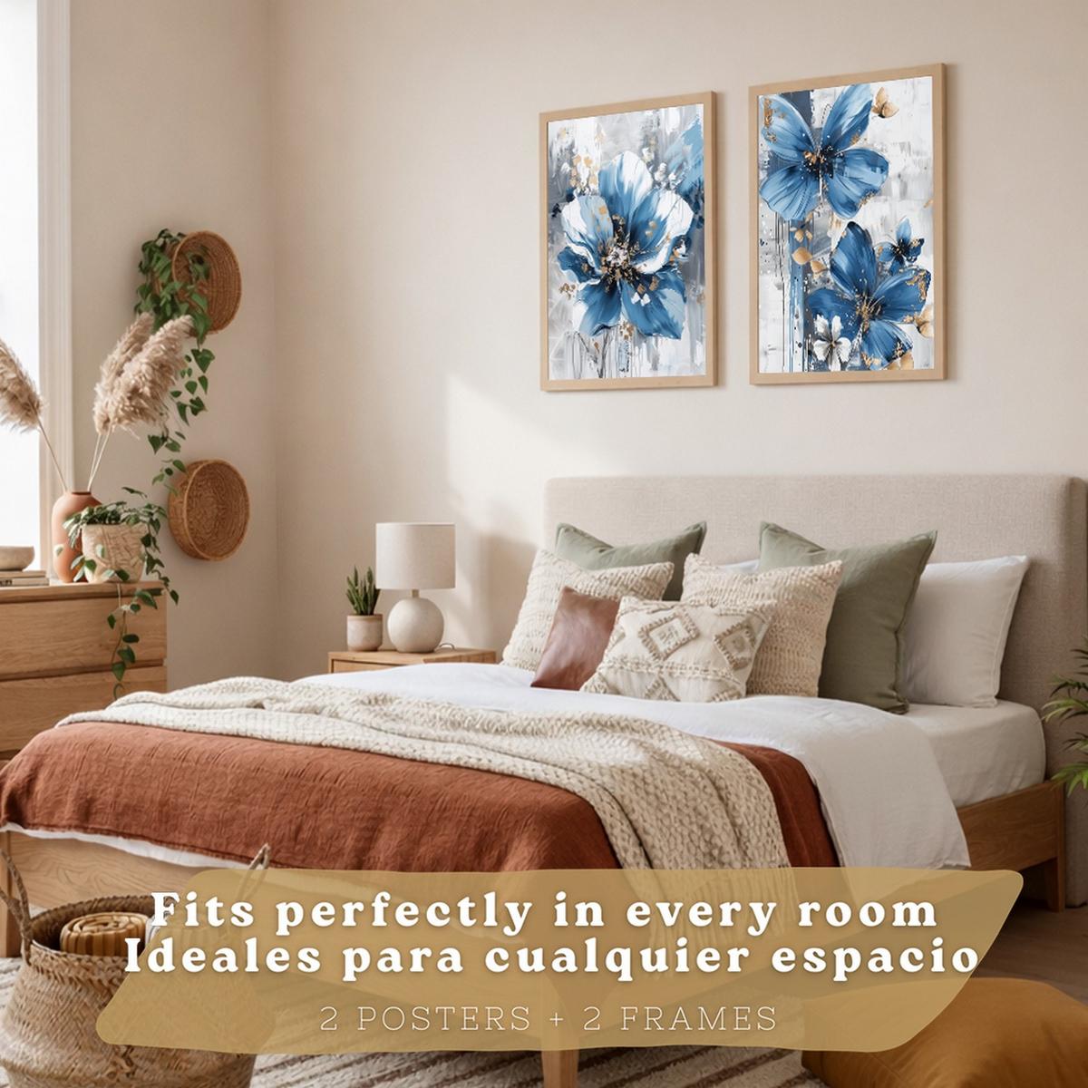 POSTER 2er-Set Wandbilder Blumen Blau Braun modern Wohnzimmer Deko, Schlafzimmer, Küche, Badezimmer Leichter Holzrahmen A3 - Beige, Papier (29.7/1/42cm) - Nacnic