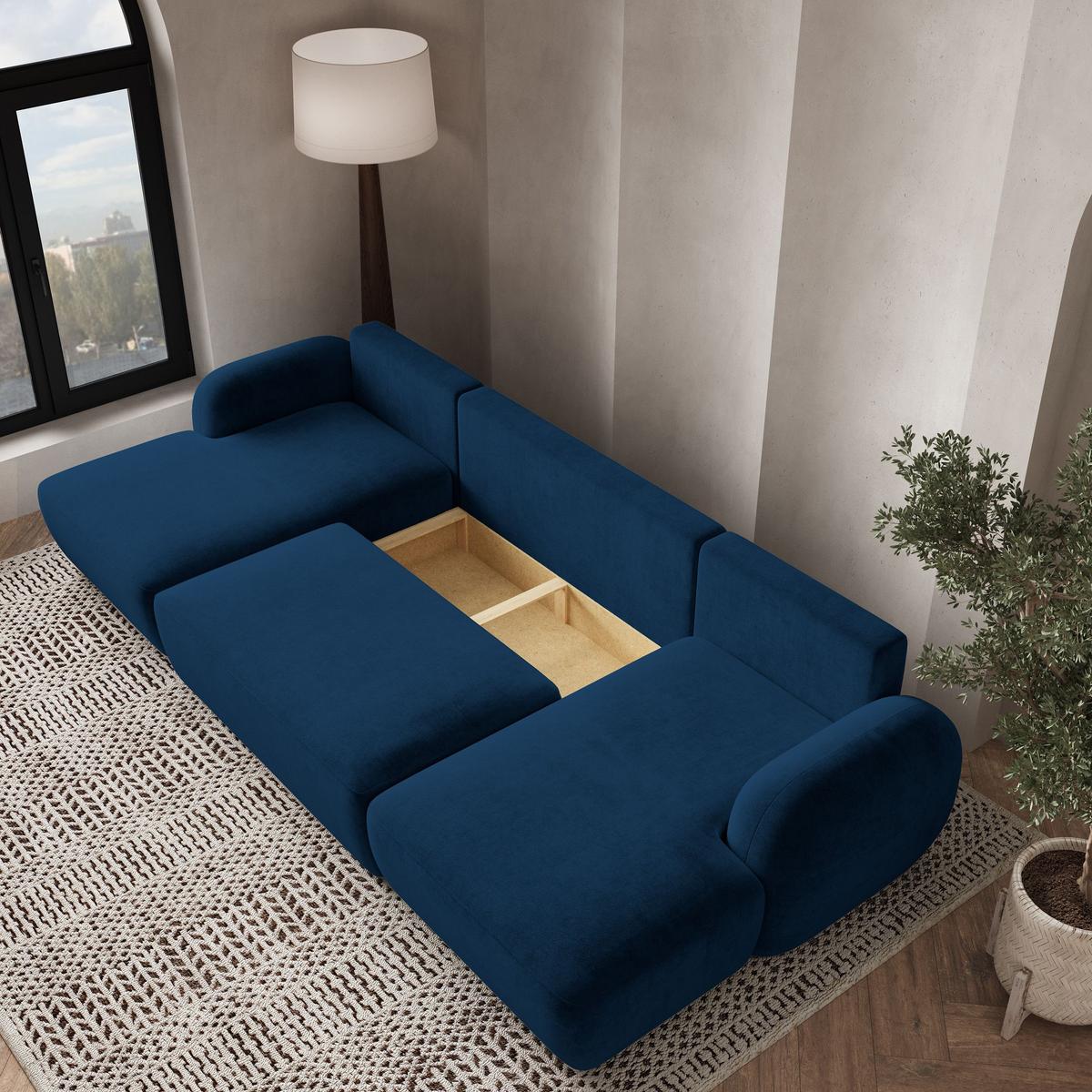 WOHNLANDSCHAFT SAVONA K Blau Plüsch-Stoff mit Schlaffunktion - Blau/Schwarz, Holz/Kunststoff (320/90/148cm) - MASSENO