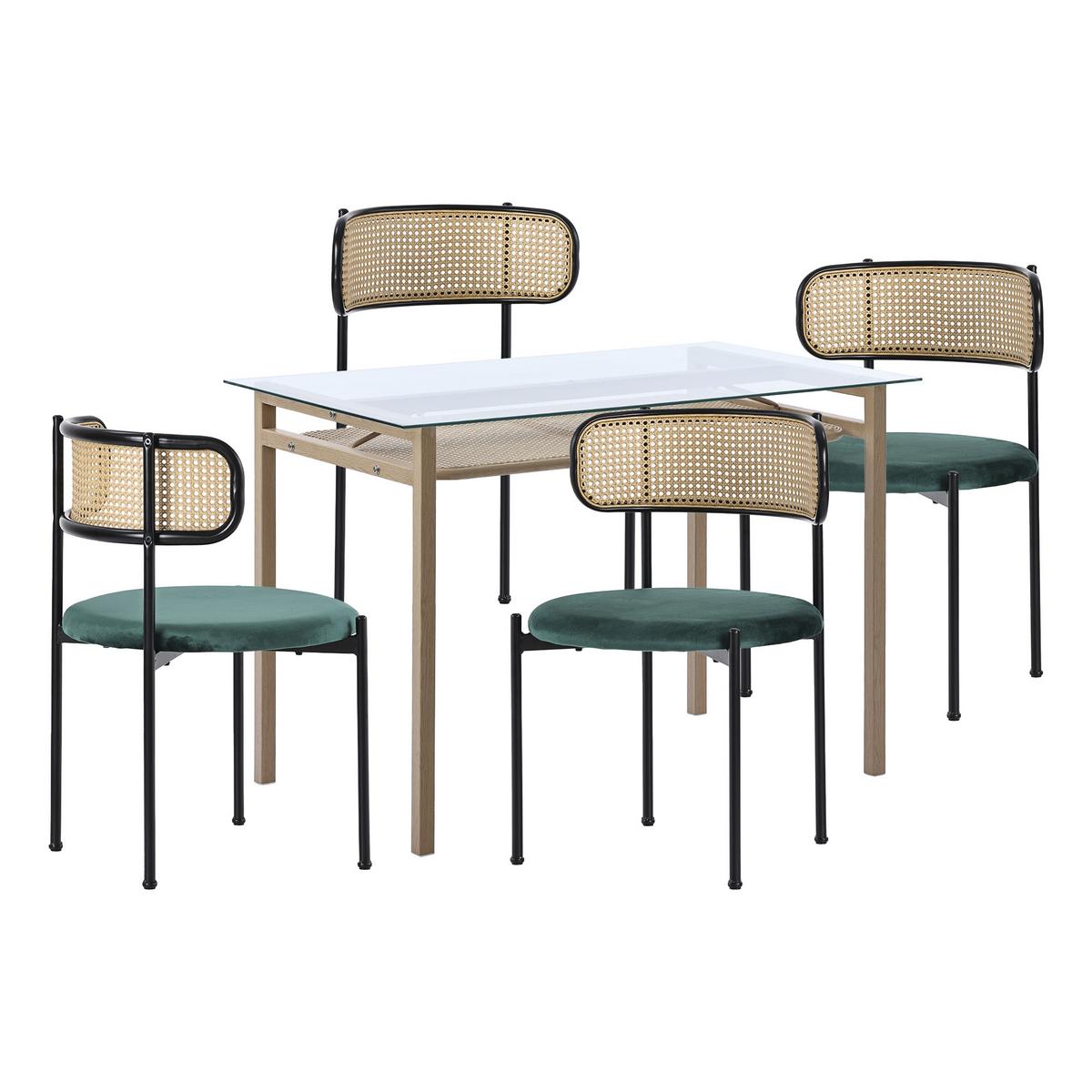 ESSTISCH SET mit Esstisch aus Glas und 4 Rattan stühle - Grün, Glas/Textil (110/74/65cm) - Urban Meuble