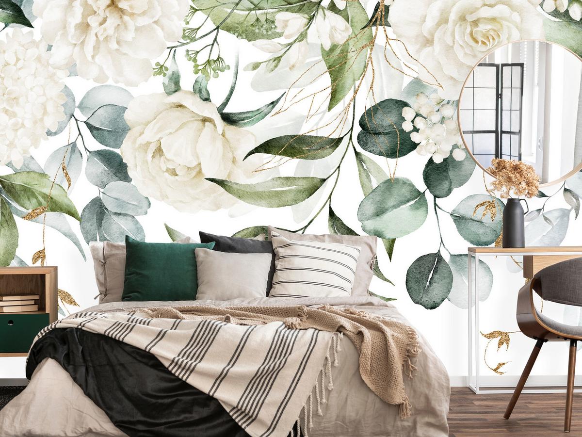 FOTOTAPETE für Schlafzimmer Aquarell Weiße Blumen Pfingstrosen Blätter Natur 350x256 - Creme/Weiß, Papier (350/256cm) - Muralo