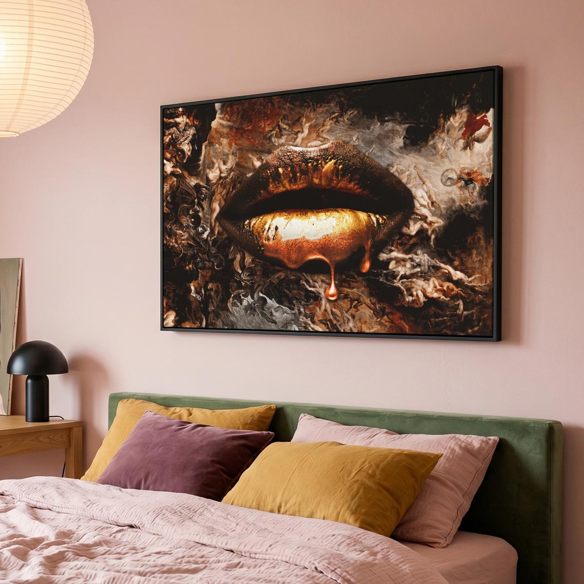 LEINWAND Bilder mit Rahmen - Gold - Lippen - Kunst - Gold - Luxus - Abstrakt - 120x80 - Kupferfarben, Textil (120/80cm) - MuchoWow