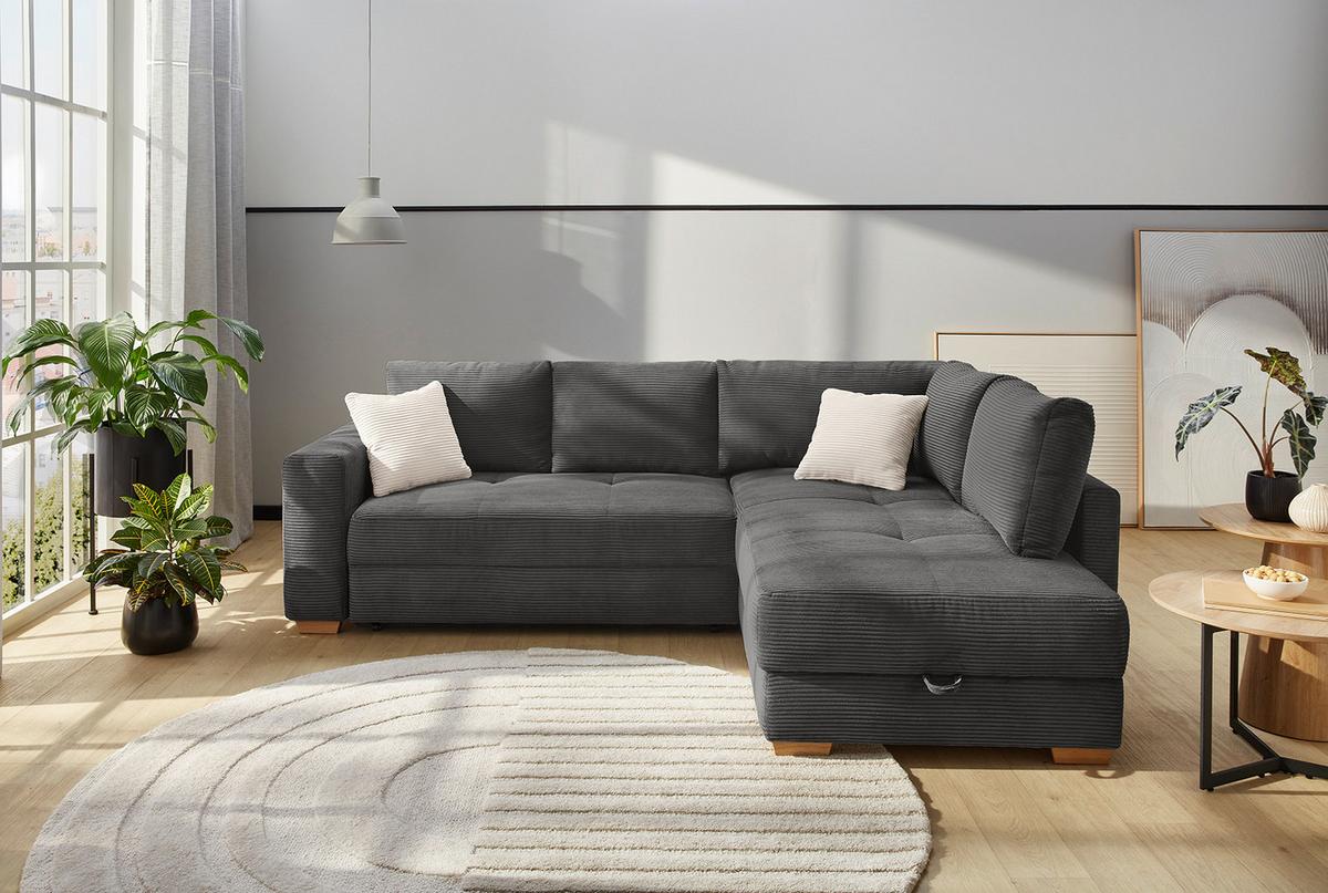 ECKSOFA-DAUERSCHLÄFER Boxspring Federkern Topper Bettkasten, seitenverkehrt montierbar B257/T206/H85 cm, Cord Dunkelgrau / 15211 - Dunkelgrau/Eichefarben, Holz/Textil (257/206cm) - luma-home