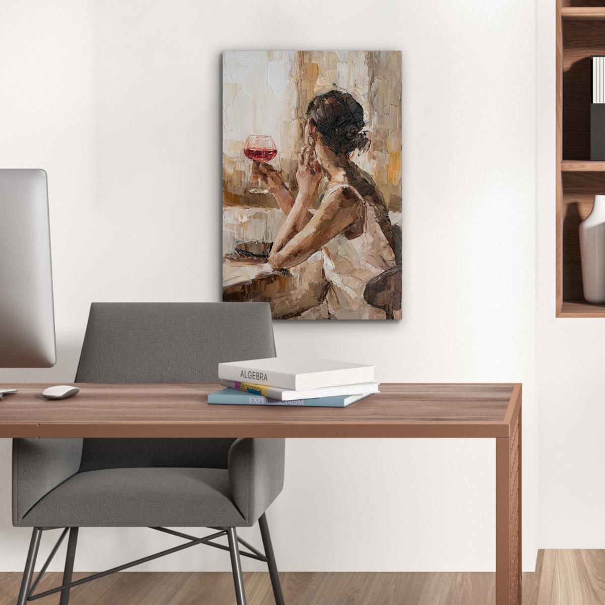 METALLBILD Ölgemälde - Frau - Wein Deko Schlafzimmer 40x60 cm - Hellbraun, Metall (40/60cm) - MuchoWow