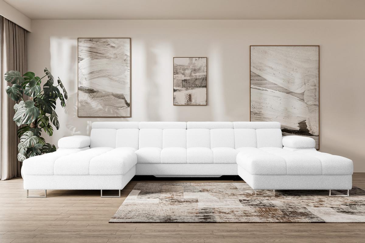 WOHNLANDSCHAFT mit Schlaffunktion und Bettkasten COMA U2 345x203x79 Weiß Bouclé - Weiß, Holzwerkstoff/Textil (345/79/203cm) - ALTDECOR