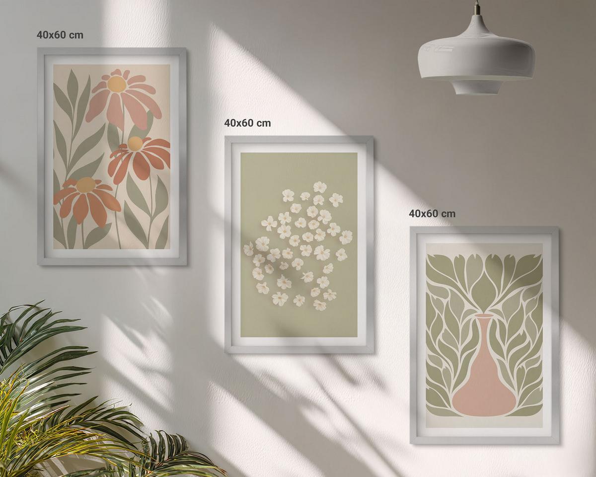 BILDER SET 3er Set - 40x60 cm Silberner Rahmen - Florale Boho-Muster - Silberfarben, Kunststoff (40/60cm) - TULUP