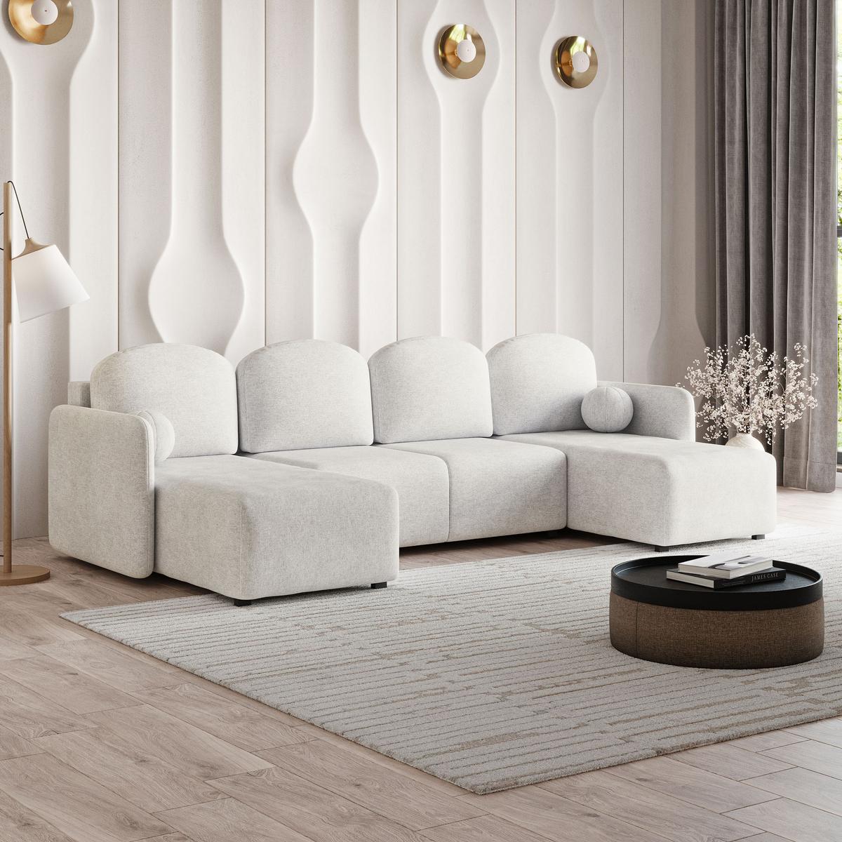 WOHNLANDSCHAFT NUBERO Creme Geflochtener Stoff mit Schlaffunktion - Creme, Holz (285/85/143cm) - MASSENO