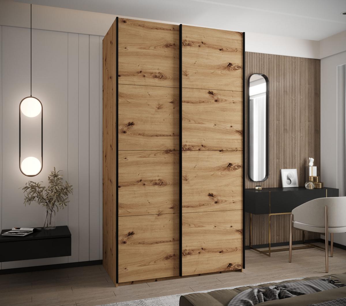 SCHWEBETÜRENSCHRANK 245,5/130/64 2-türig - Schwarz/Eiche Artisan, Holz/Metall (130/245/64cm) - Abiks Möbel
