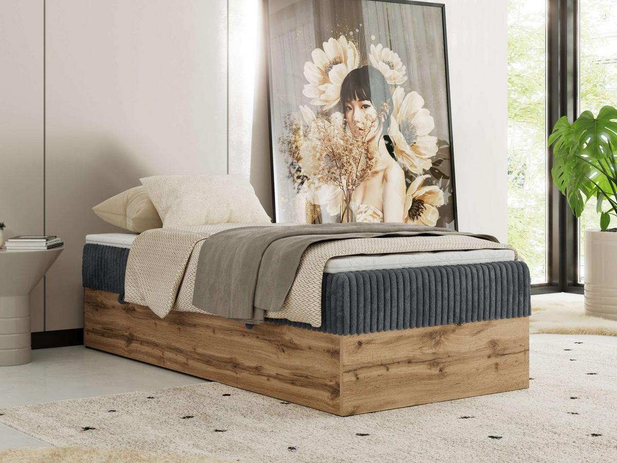 BOXBETT WOOD ZERO 90/200 - Grau Cord - H3 - Topper Visco - Grau, Textil (90/200cm) - MKS