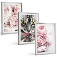 BILDER SET 3er Set - 40x60 cm Silberner Rahmen - Katze in rosa Blumen - Silberfarben, Kunststoff (40/60cm) - TULUP