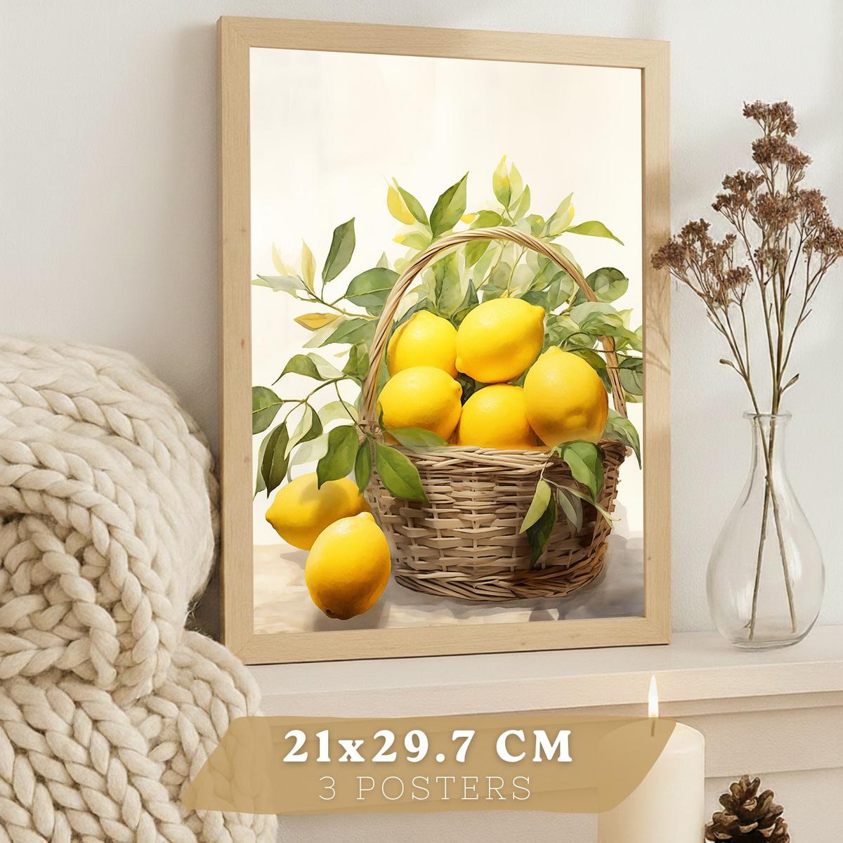POSTER 3er Bilder-Set Wandbilder Landhaus Dorf Landschaft modern Wohnzimmer Deko, Schlafzimmer, Küche, Badezimmer Leichter Holzrahmen A4 - Beige, Papier (29.7/1/21cm) - Nacnic