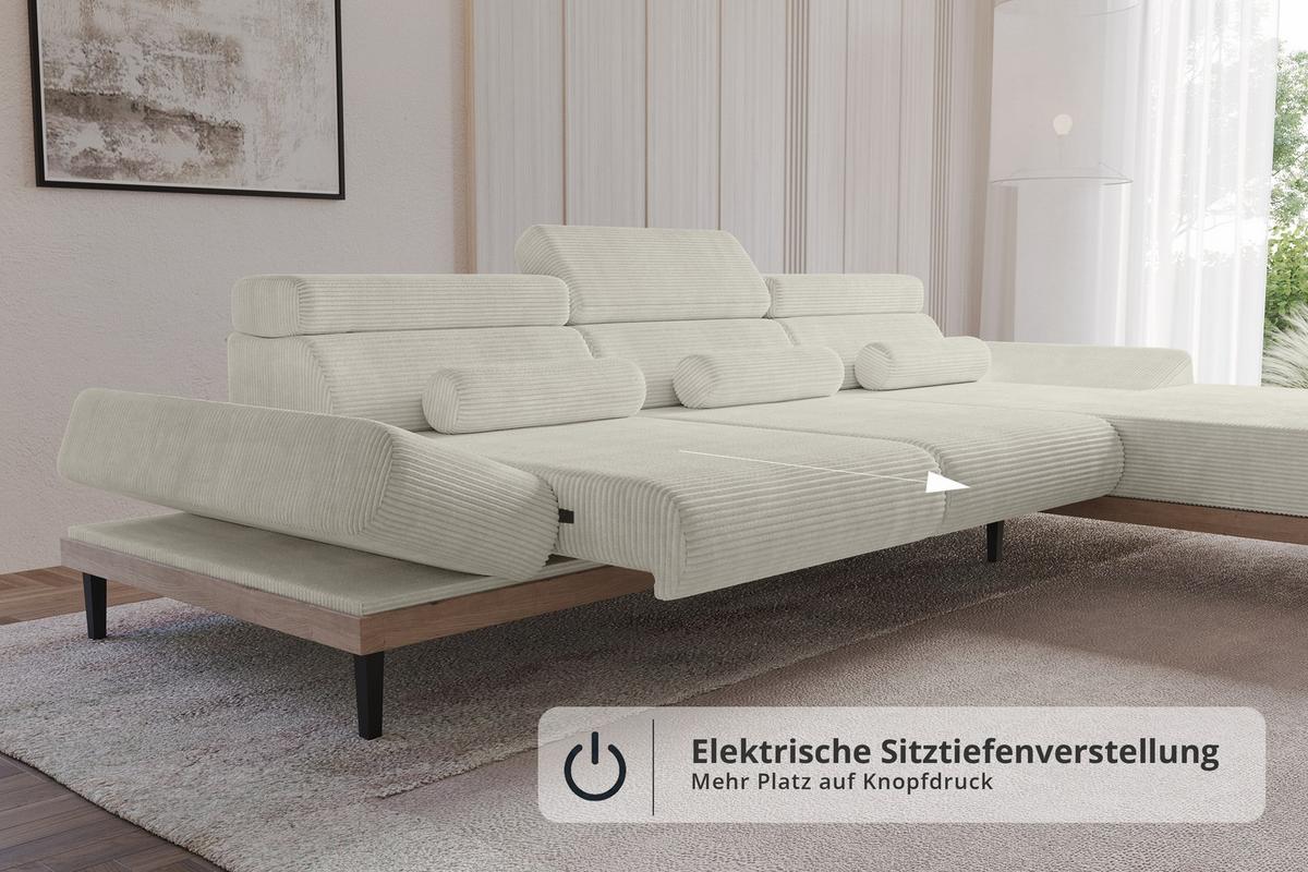 ELEKTRISCHES ECKSOFA Rechts MONA 316x205x85 Creme Cord - Ecru/Creme, Holzwerkstoff/Textil (316/205cm) - ALTDECOR