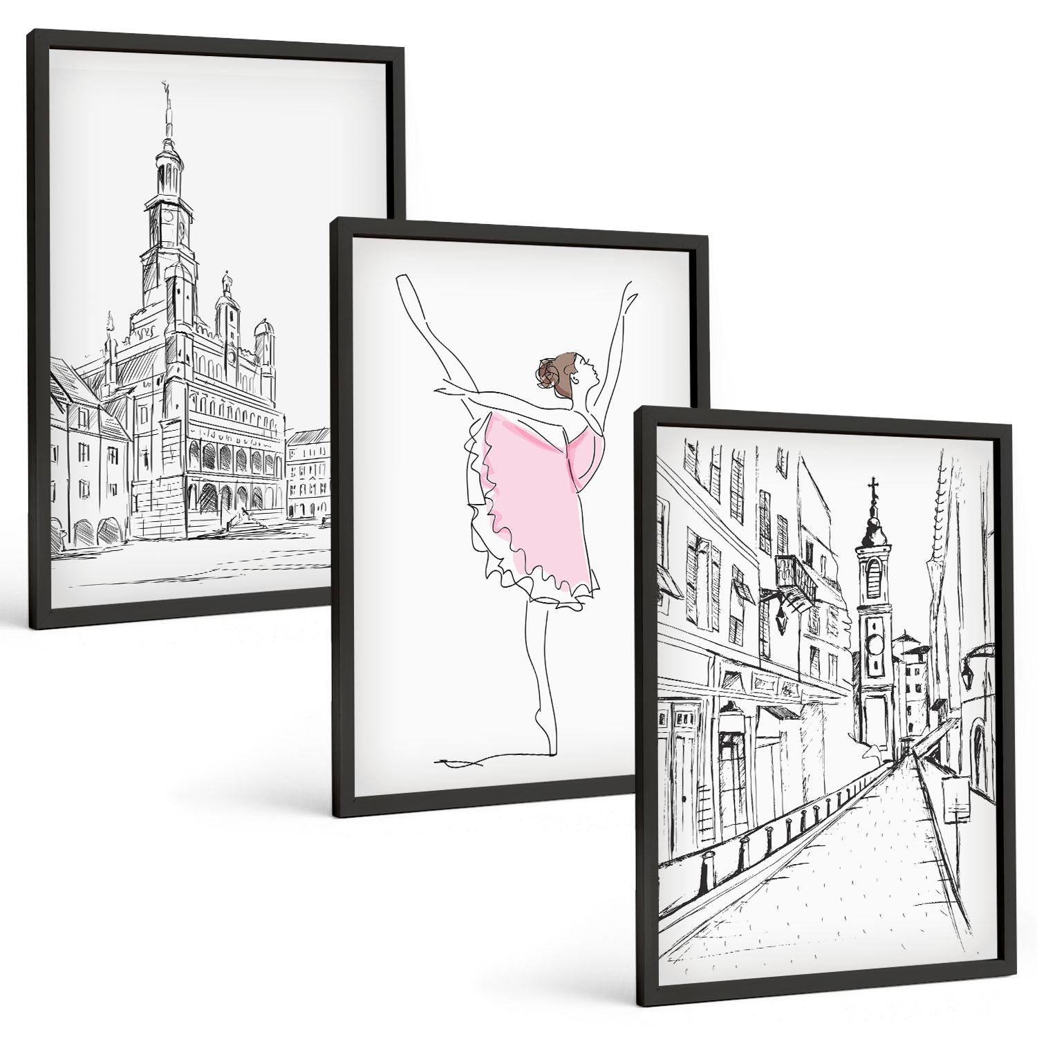 BILDER SET 3er Set - 40x60 cm Schwarzer Rahmen - Stilvolle Ballerinen und Architektur - Schwarz, Kunststoff (40/60cm) - TULUP