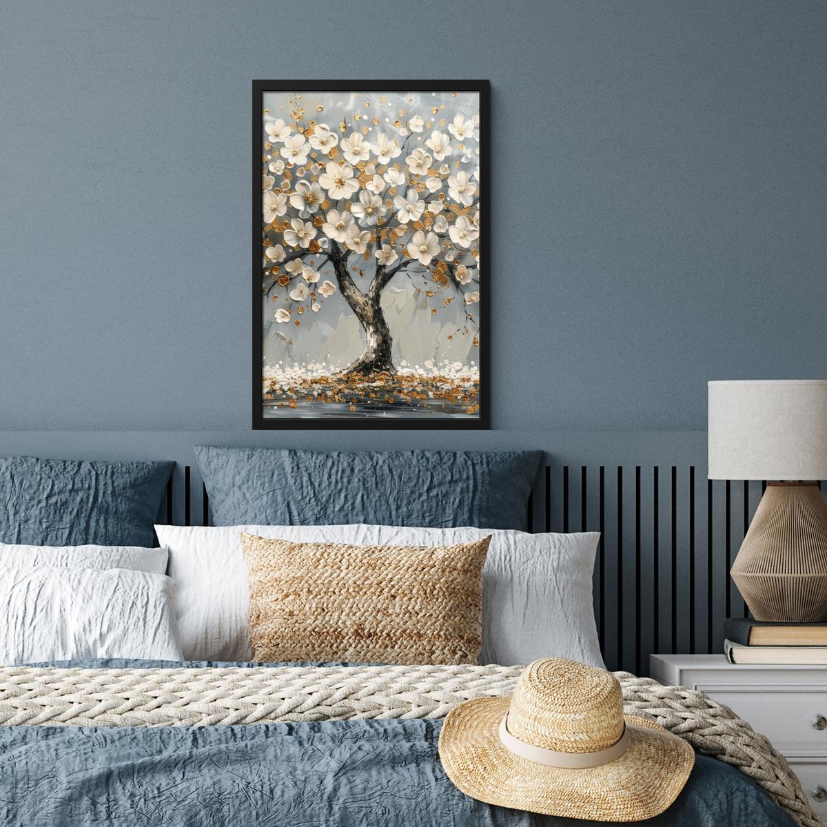 POSTER MIT RAHMEN Baum - Blumen - Weiß - Natur - Kunst Bilder mit Rahmen 40x60 cm - Weiß, Papier (40/60cm) - MuchoWow