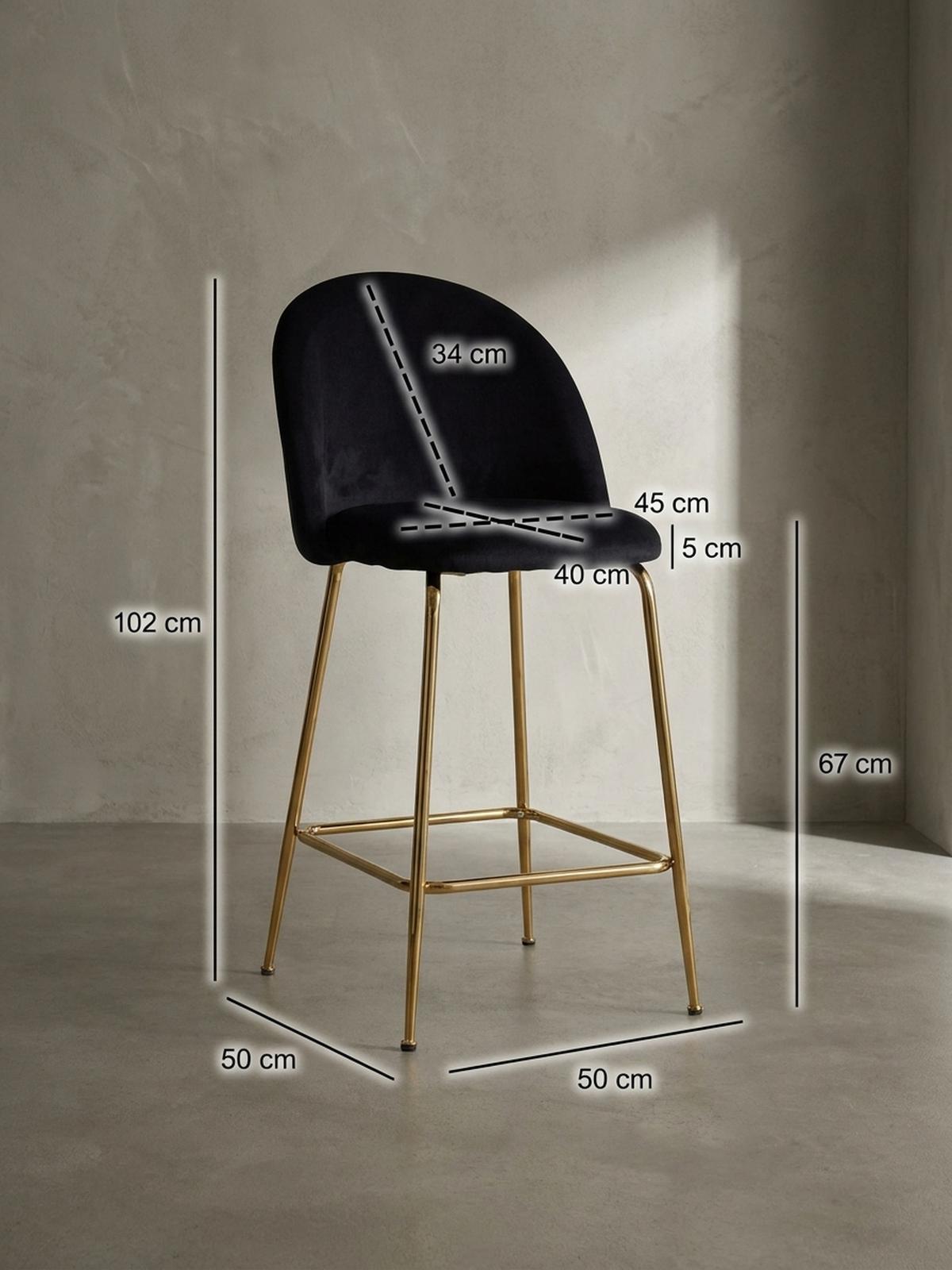 BARHOCKER 2er Set Samt Lehne Goldgestell Skandi-Stil Gepolstert, Schwarz 50x50x102 cm - Goldfarben/Schwarz, Textil/Metall (50/102/50cm) - KADIMA DESIGN