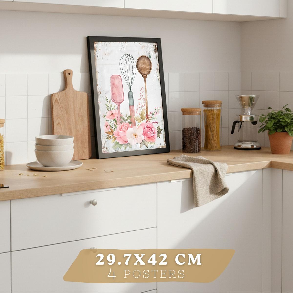 POSTER 4er Set Rosa Backkunst Wandbilder Küchenmaschine Torte Utensilien Blumen Shabby Chic Küche Deko Schwarzer Rahmen A4 - Schwarz, Papier (29.7/1/21cm) - Nacnic