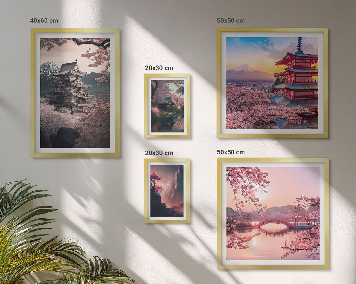 BILDER SET 5er Set - 50x50 cm & 20x30 cm & 40x60 cm Goldrahmen - Fantasielandschaften Japans - Goldfarben, Kunststoff (40/60cm) - TULUP