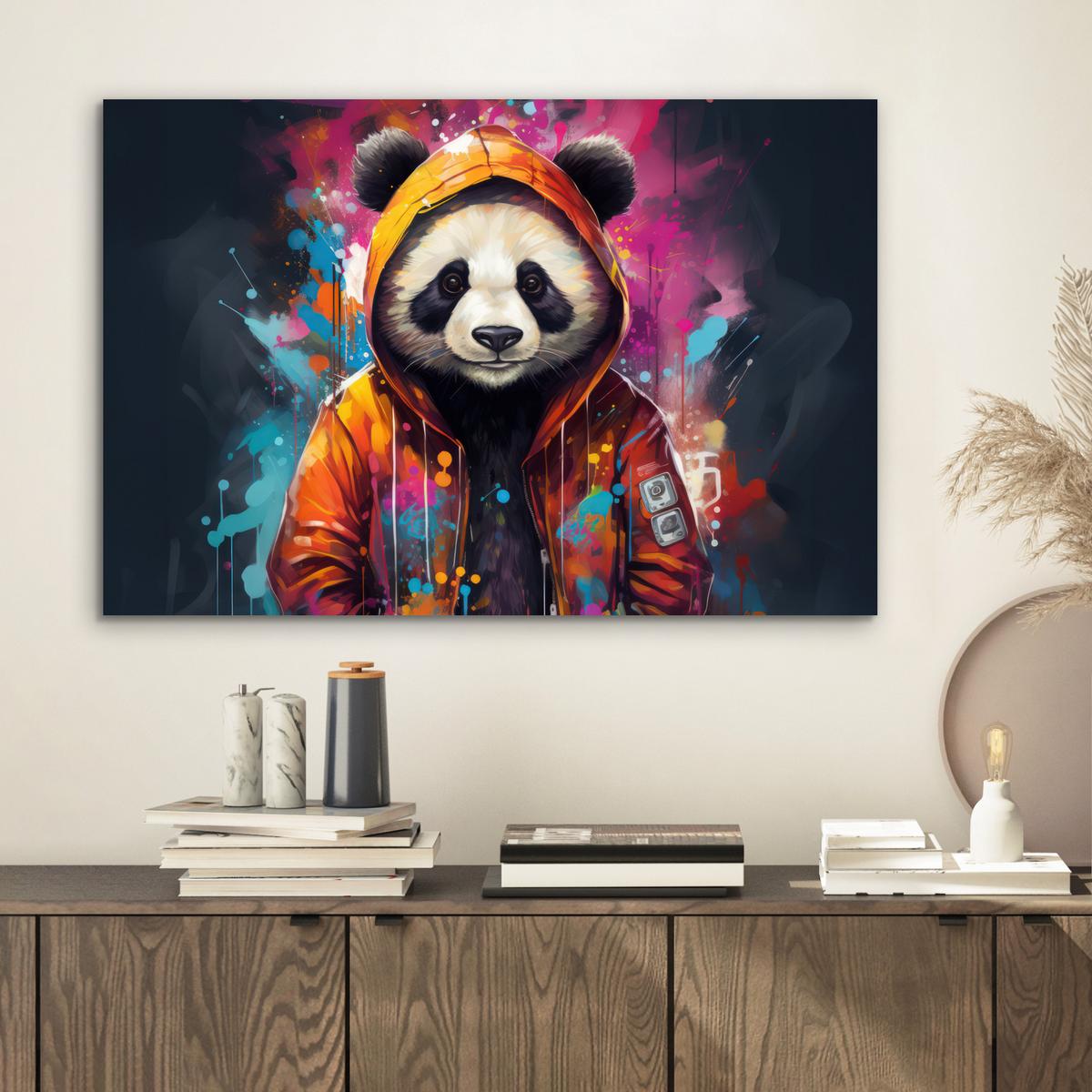 METALLBILD Panda - Jacke - Graffiti - Orange Wandbild 60x40 cm - Orange, Metall (60/40cm) - MuchoWow