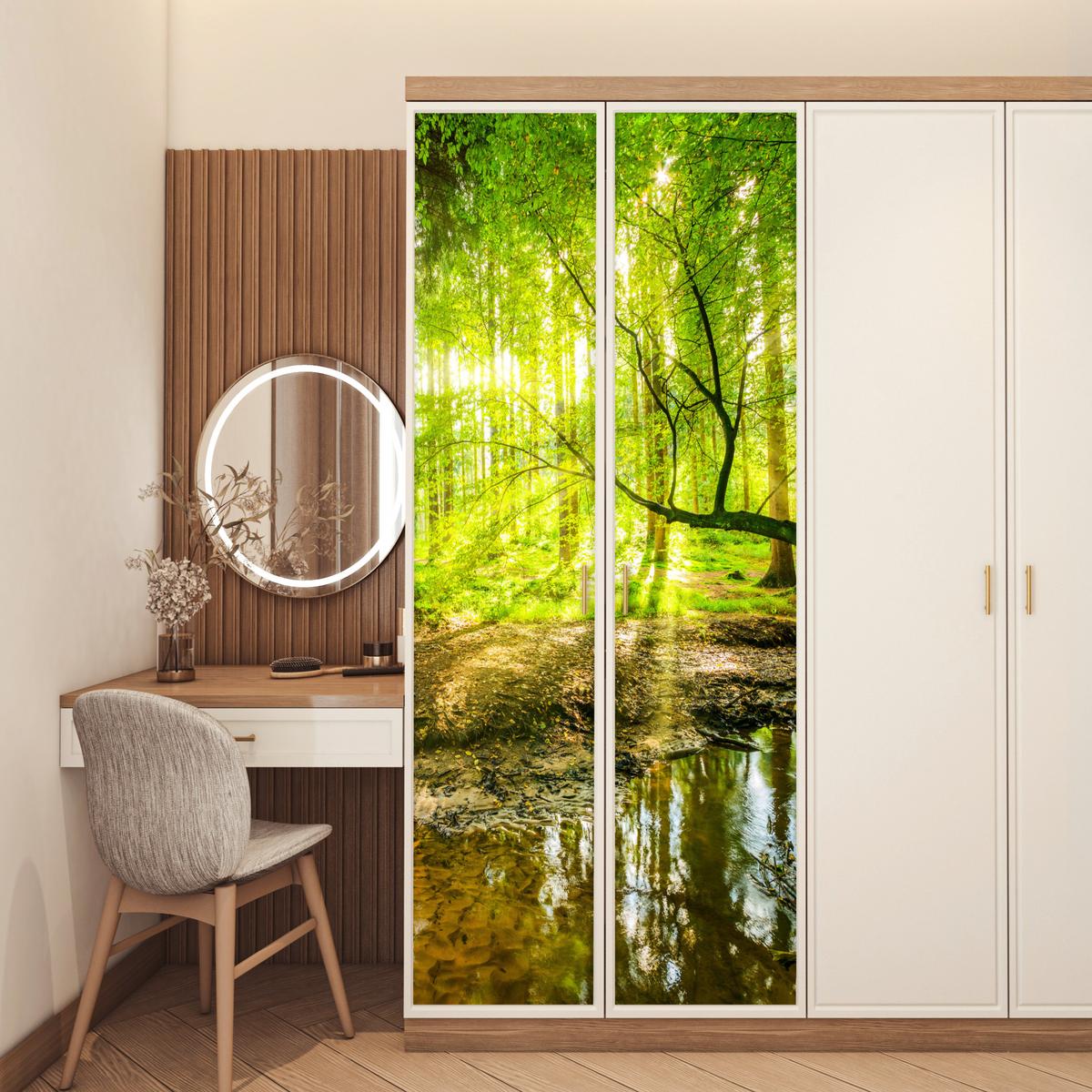 TÜRAUFKLEBER Wald - Landschaft - Wasser - Bäume - Sonne - Grün - Natur 85x215 cm - Türtapete - Hellgrün, Kunststoff (85/0.1cm) - MuchoWow