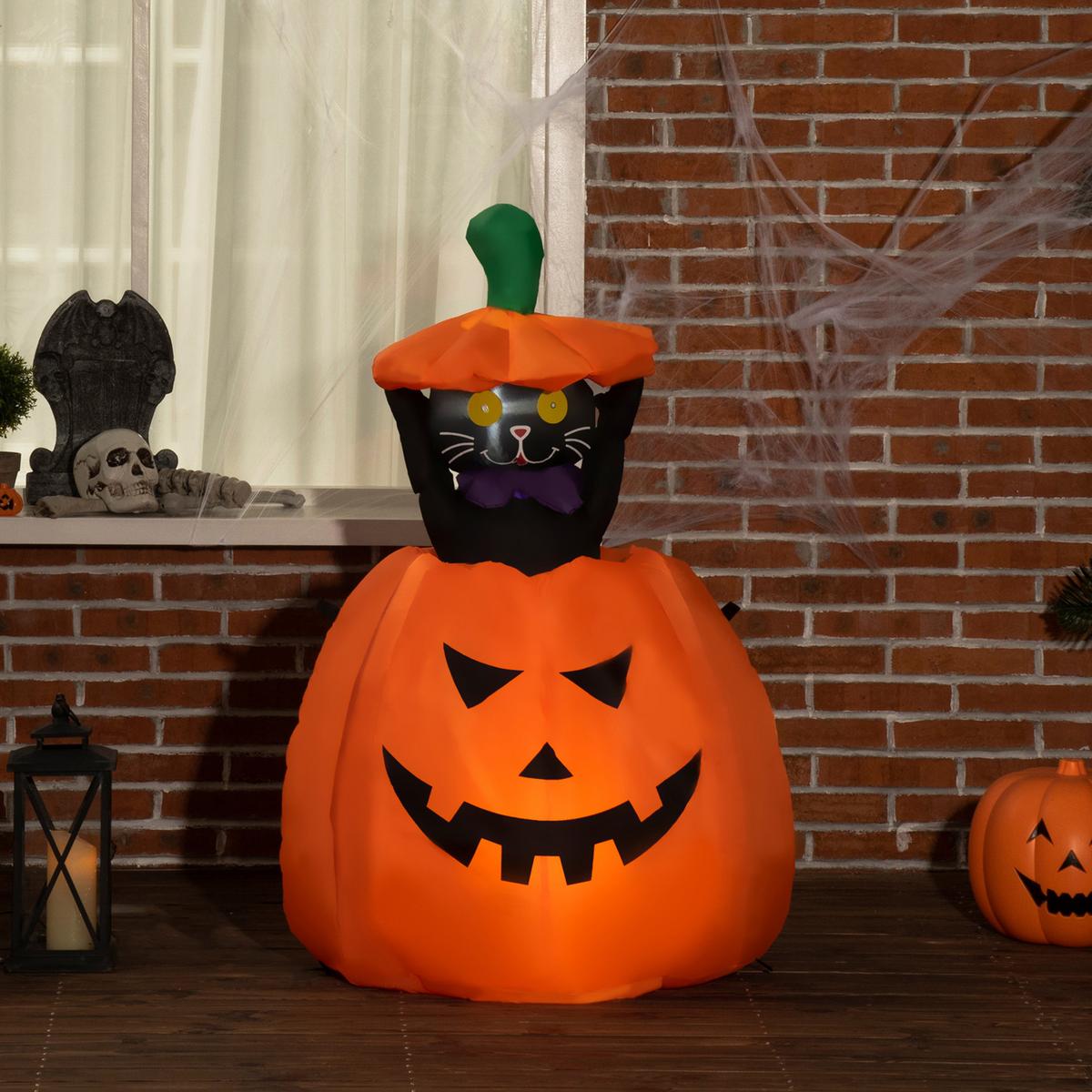 115 cm Halloween Deko Aufblasbar Kürbisgeist mit beweglicher Katze mit LED - Orange, Kunststoff (64/115/76cm) - Outsunny