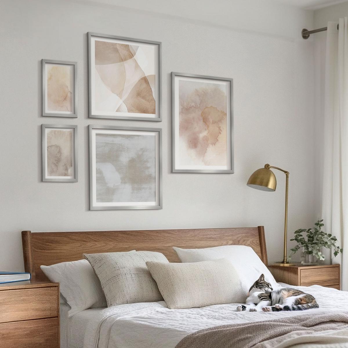 BILDER SET 5er Set - 50x50 cm & 20x30 cm & 40x60 cm Silberner Rahmen - Warme Aquarell-Pastelltexturen - Silberfarben, Kunststoff (40/60cm) - TULUP