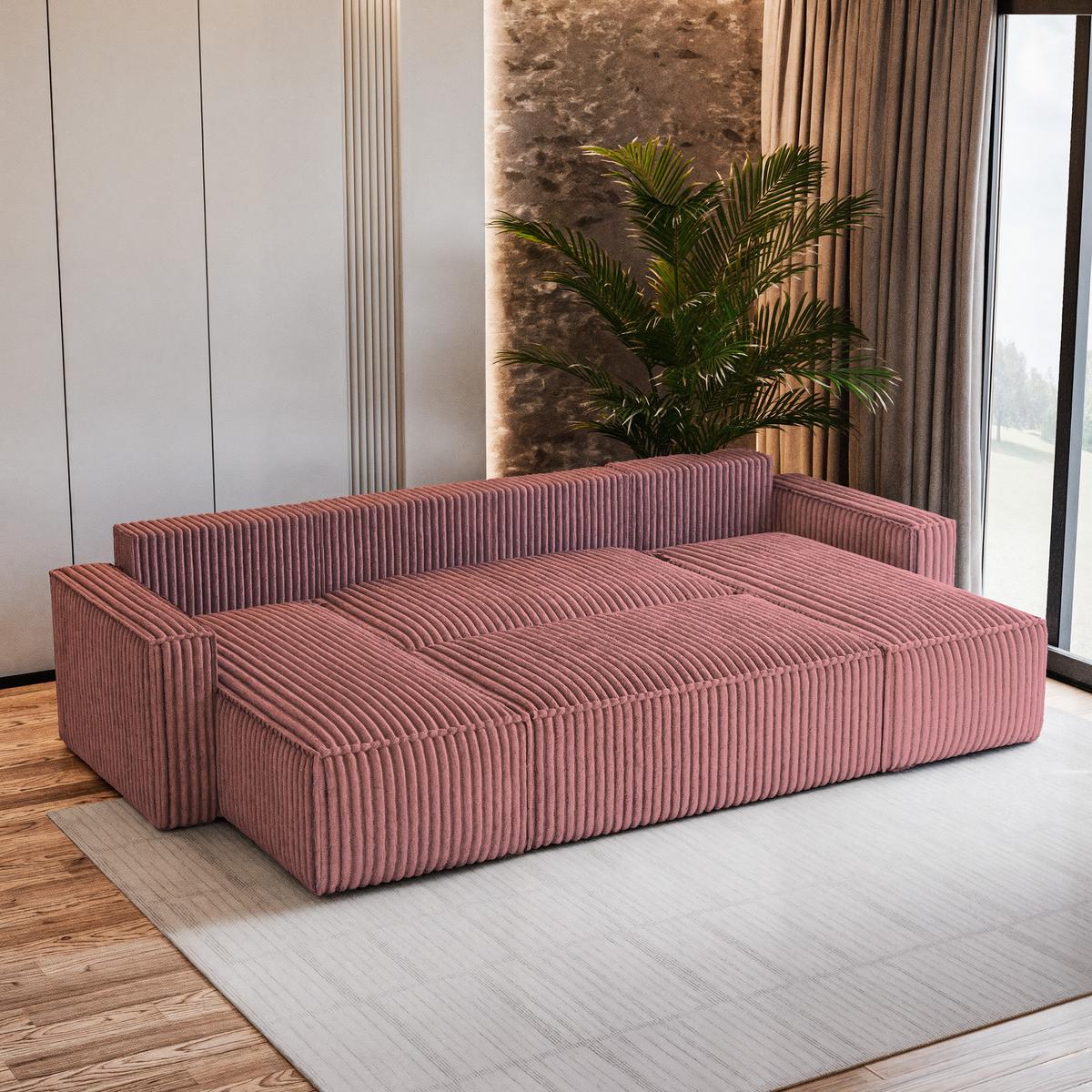 WOHNLANDSCHAFT PESANO T Rosa Kordstoff mit Schlaffunktion - Rosa/Grau, Holz/Kunststoff (306/85/140cm) - MASSENO