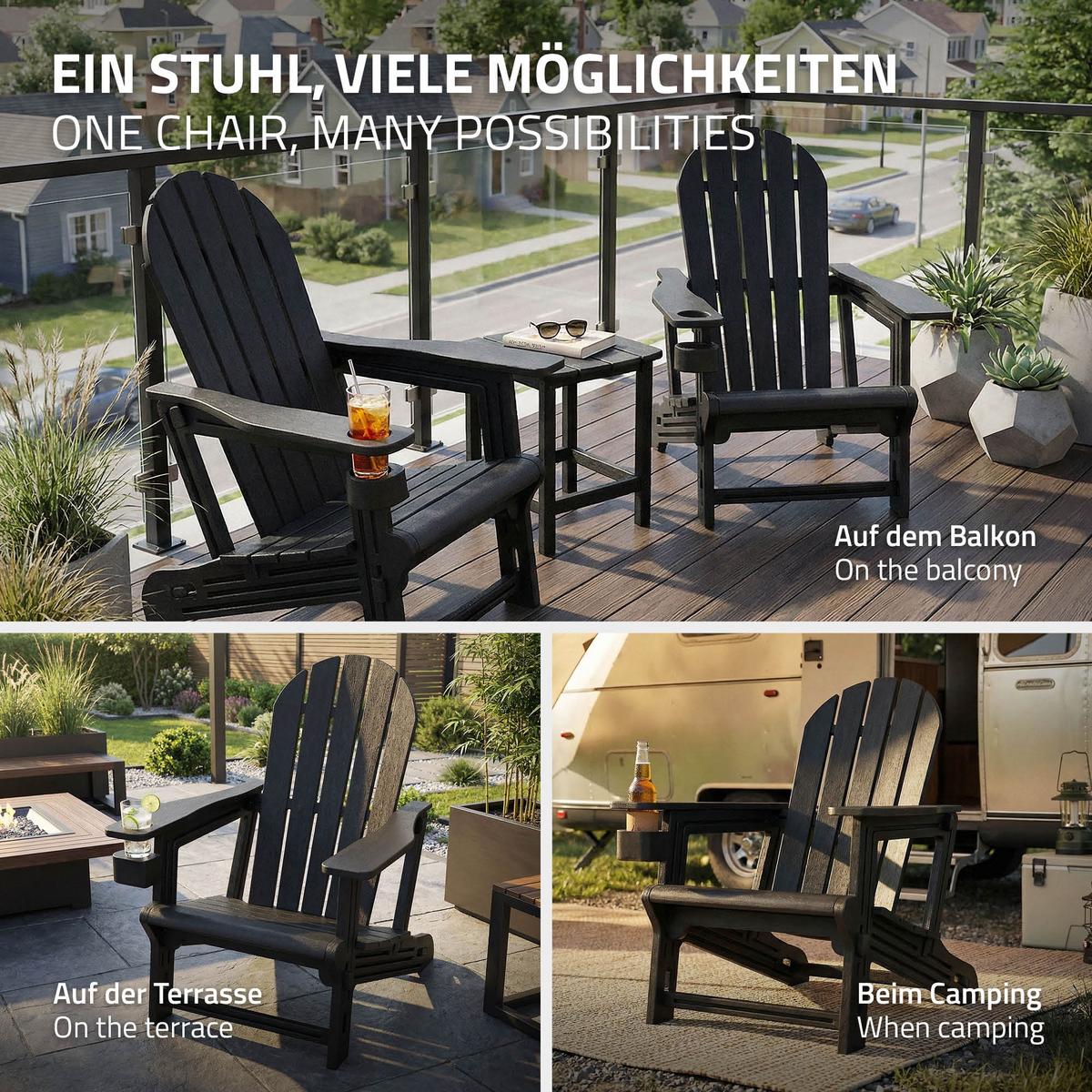 ADIRONDACK LOUNGESTUHL mit Getränkehalter Schwarz aus Kunststoff - Schwarz, Kunststoff (54.5/91/76cm) - ML-DESIGN