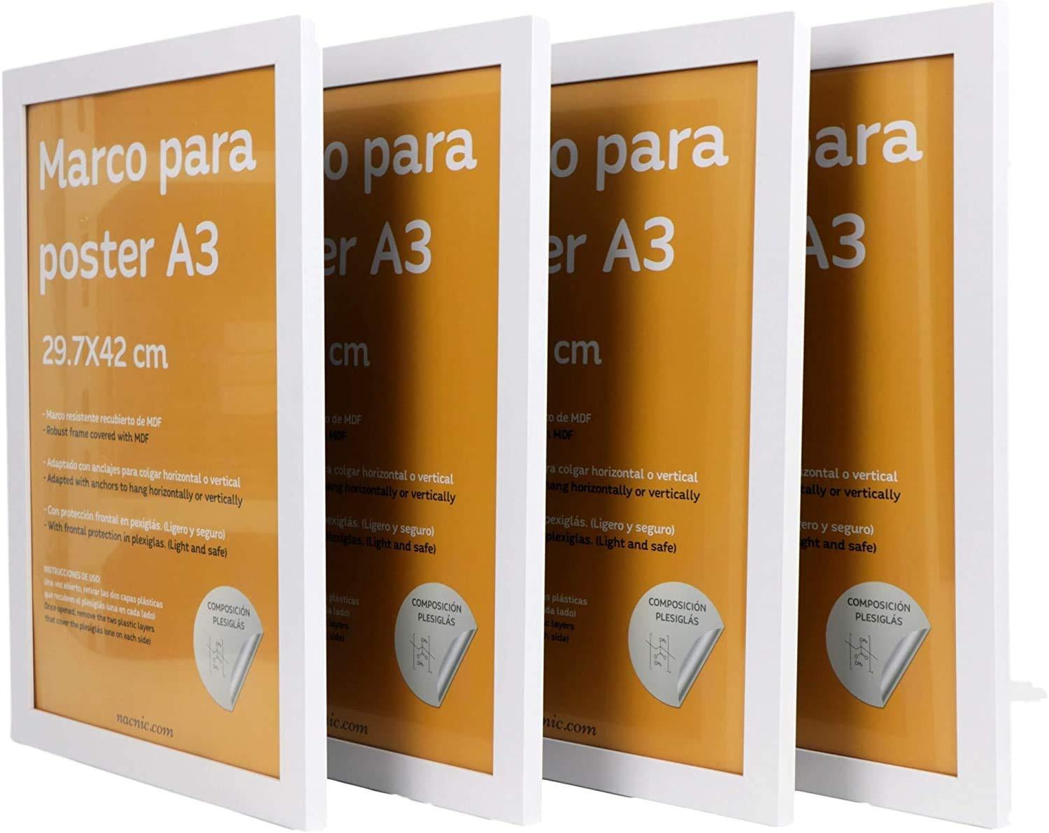 RAHMEN Set mit 4 aus MDF und Acrylglas Schutz und Aussteller für Fotografien, Bilder, Poster, Gemälde, Dekoration für Haus Farbe Weiß A3 - Weiß, Holz (29.7/3cm) - Nacnic