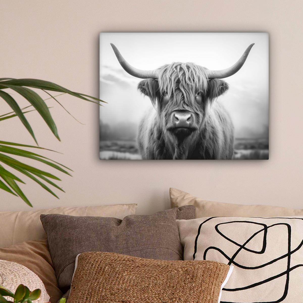 LEINWANDBILD Schottischer Highlander - Nebel - Schwarz - Weiß Wandbild 40x30 cm - Grau, Textil (40/30cm) - MuchoWow