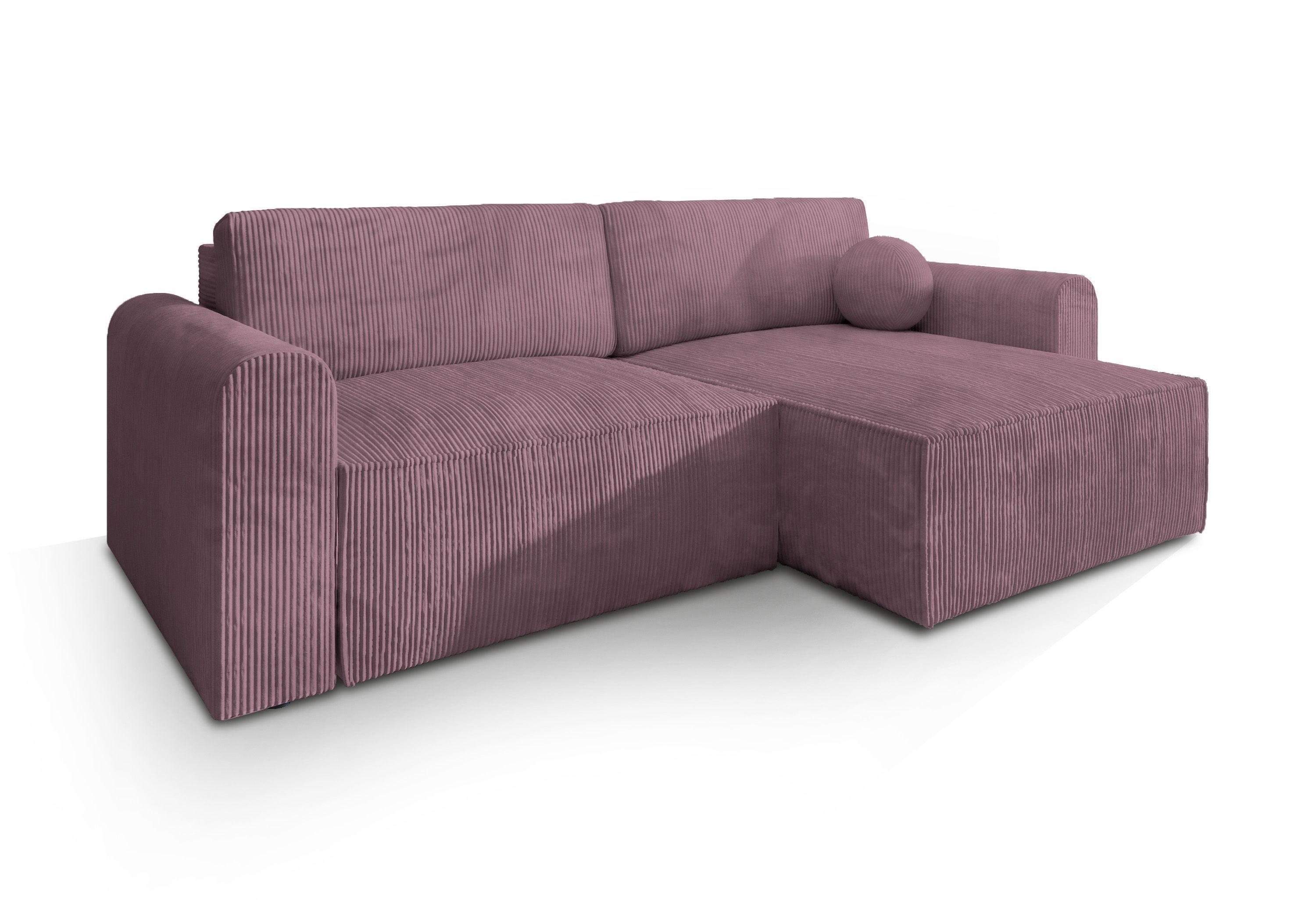 ECKSOFA FIANO P Lila Kordstoff mit Schlaffunktion - Lila/Grau, Holz/Kunststoff (245/148cm) - MASSENO