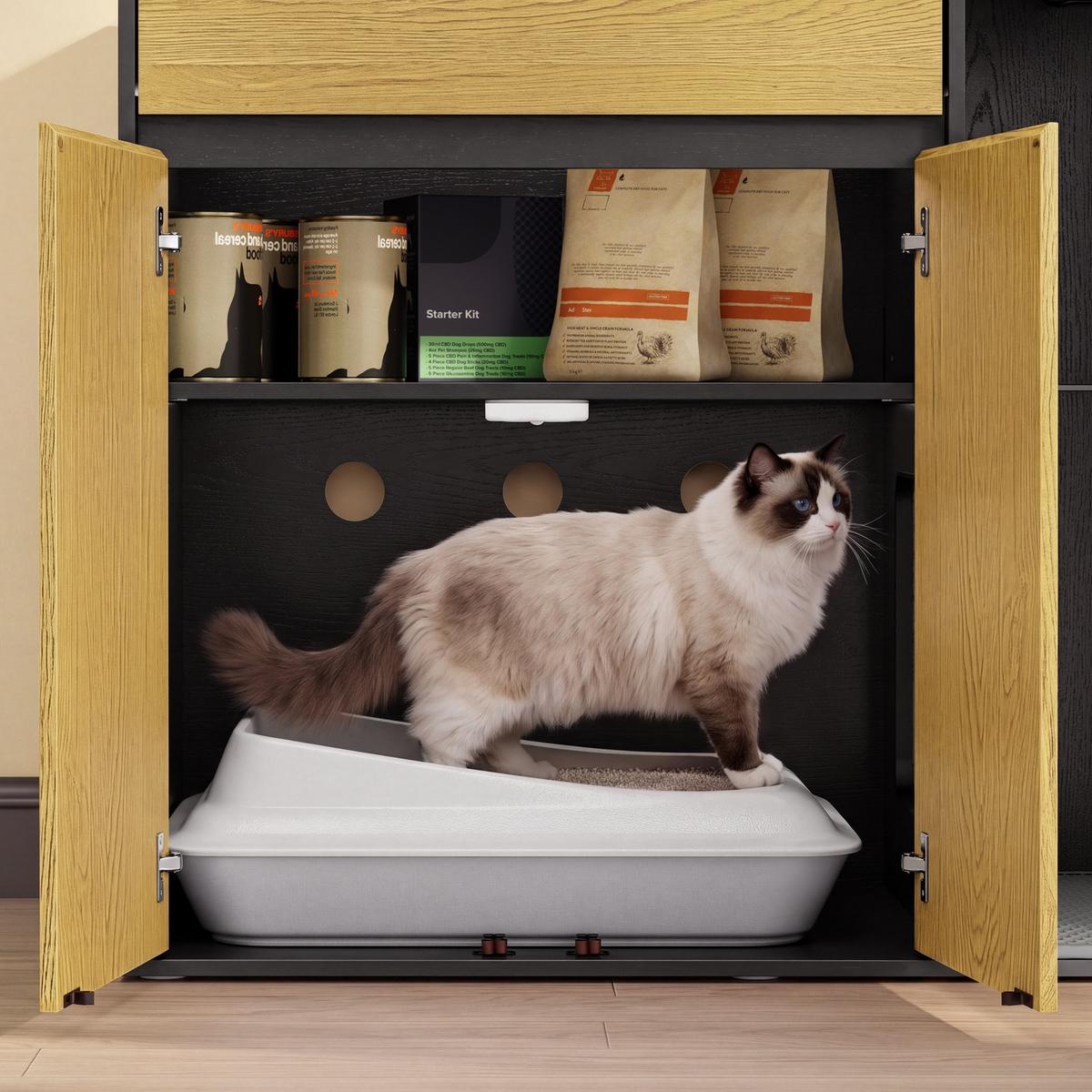KATZENKLO-SCHRANK mit Aufbewahrung und integrierter Katzentoilette HAT08-E-SCH - Ahornfarben/Schwarz, Kunststoff/Fell (45/75/85cm) - SoBuy