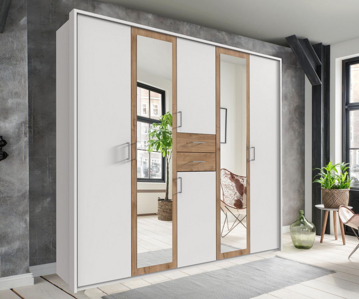DREHTÜRENSCHRANK Kleiderschrank B228/H210/T58 cm mit Passepartout, Schubkästen & 2 Spiegeltüren, Weiß mit Absetzungen in Eiche Dekor / 22599 - Eichefarben/Silberfarben, Holzwerkstoff/Kunststoff (228/210/58cm) - luma-home