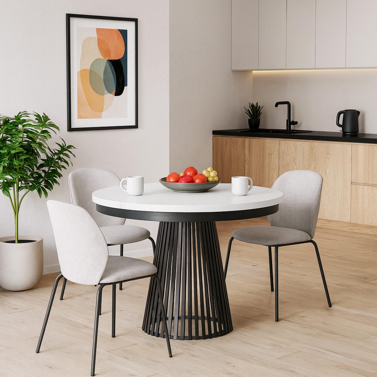 ESSTISCH Lumi im Loft-Stil, ausziehbar Ø 120–200 cm, Metallbeinen, Schwarz+Weiß - Schwarz/Weiß, Metall (120/120/77cm) - Beautysofa