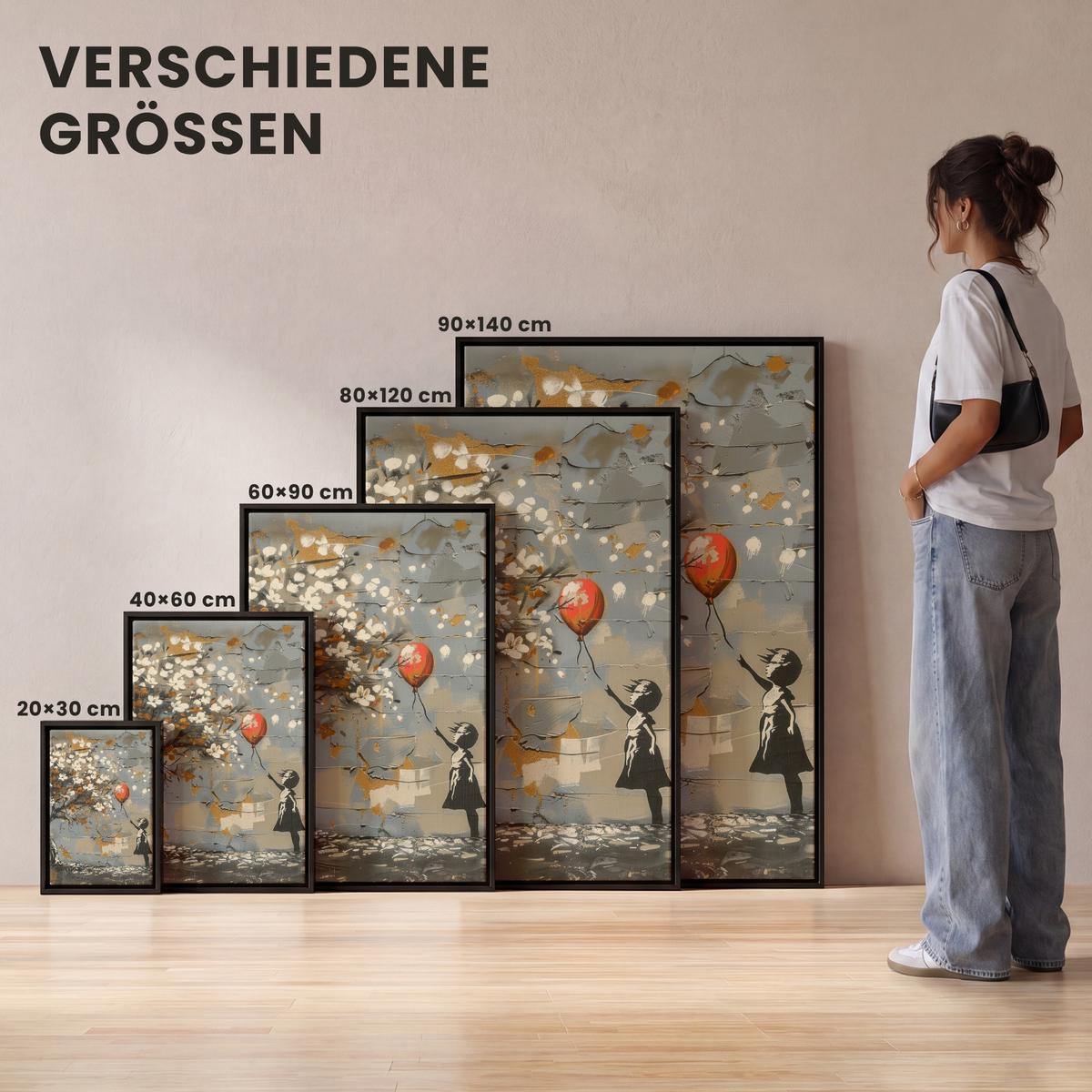 LEINWAND Bilder mit Rahmen - Baum - Graffiti - Banksy-Stil - Ballon-Mädchen - 80x120 - Blaugrau, Textil (80/120cm) - MuchoWow