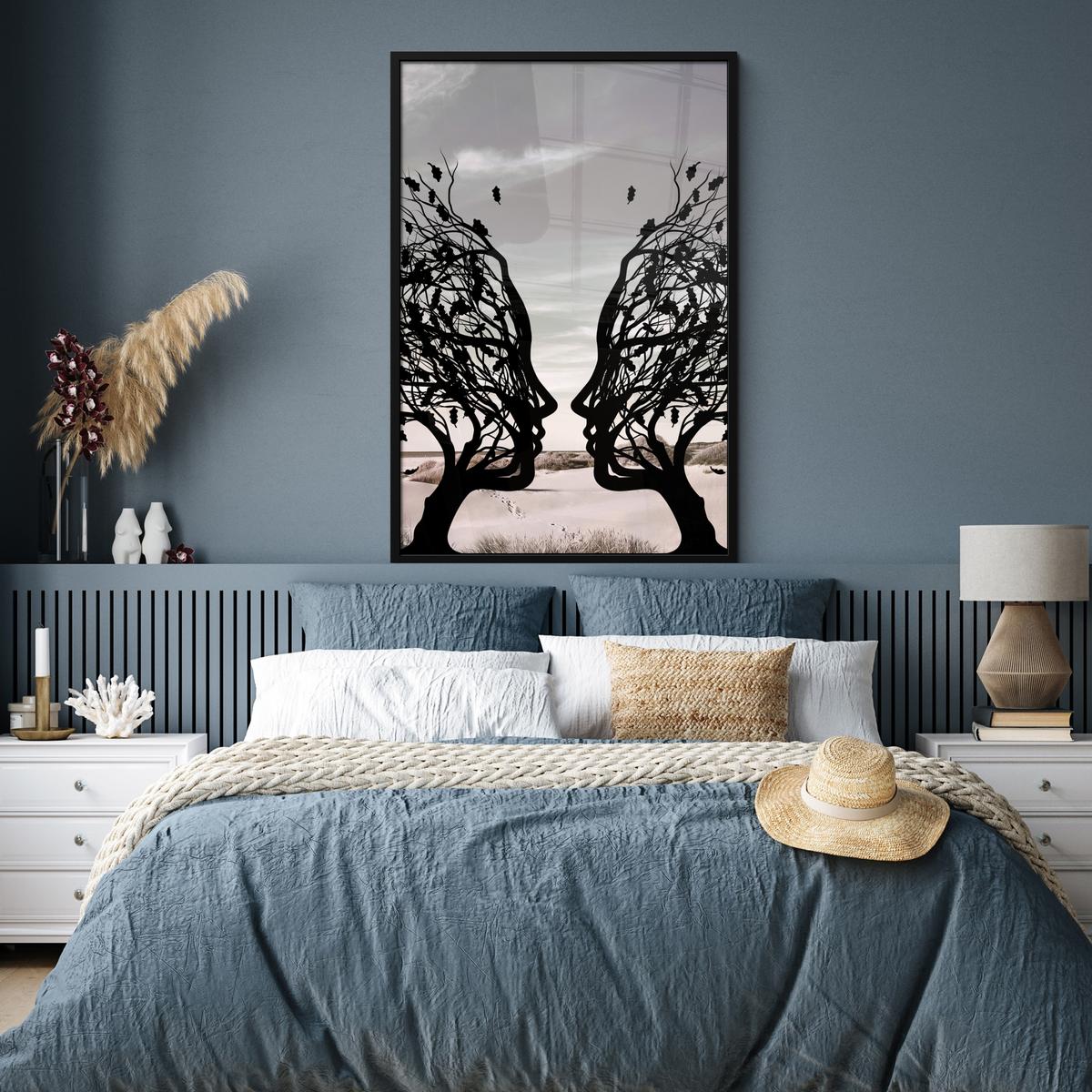 POSTER MIT RAHMEN Strand - Meer - Menschen - Baum - Moderne Kunst Bilderleiste 80x120 cm - Hellgrau, Papier (80/120cm) - MuchoWow