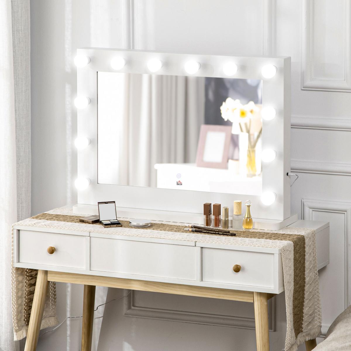 HOLLYWOOD Spiegel 80 x 60 cm Schminkspiegel mit LED-Beleuchtung, Touchschalter - Weiß, Metall (80/60/20cm) - HOMCOM