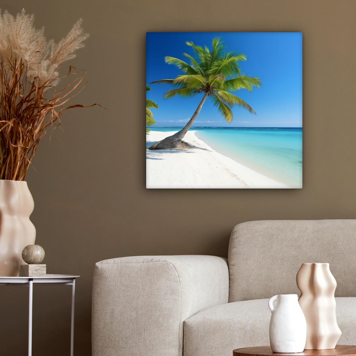 LEINWANDBILD Strand - Palme - Tropisch - Meer Wandbild Wohnzimmer 50x50 cm - Grün, Textil (50/50cm) - MuchoWow