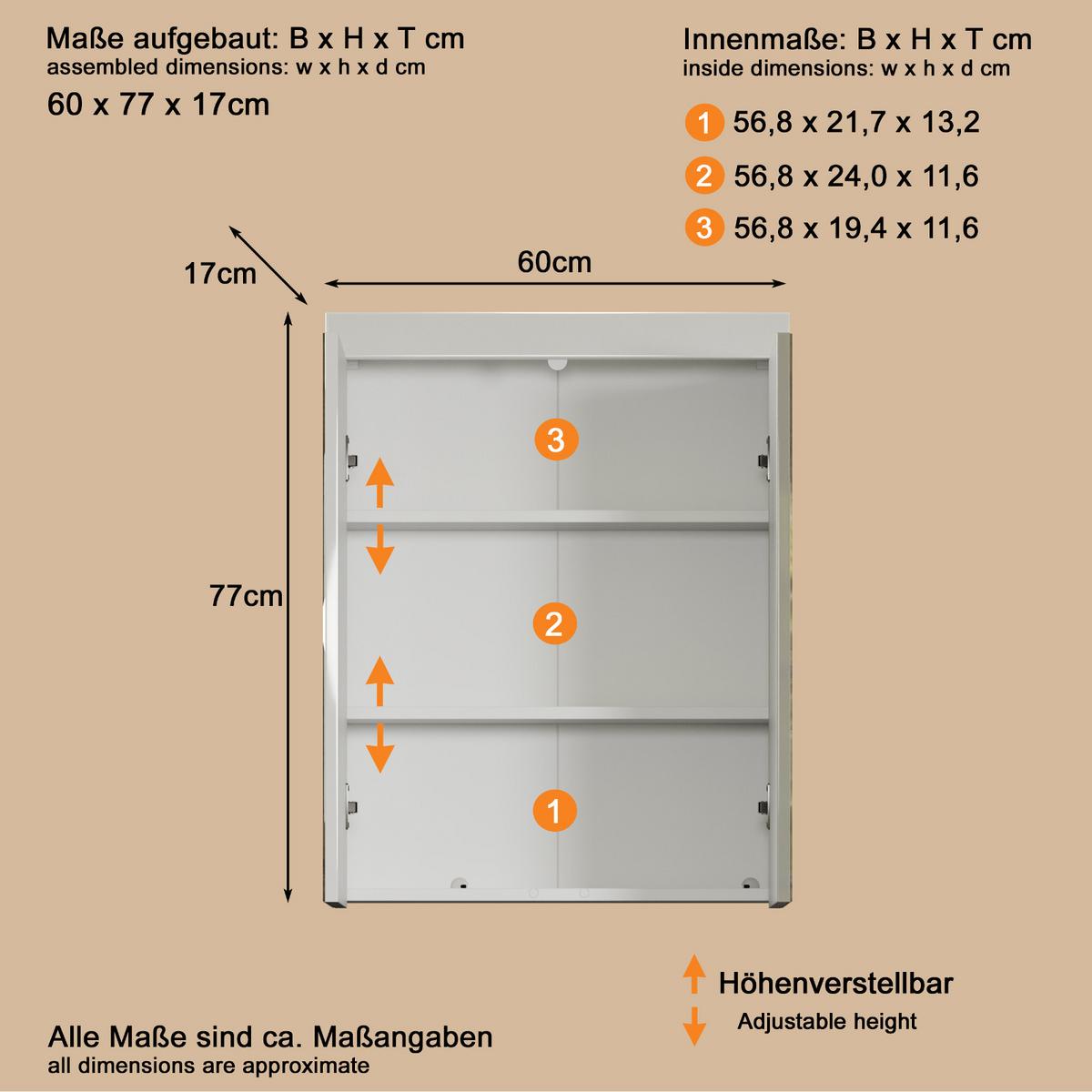 SPIEGELSCHRANK weiß Hochglanz 60 x 77 cm, Badschrank 2-türig - Weiß, Glas/Holzwerkstoff (60/77/17cm) - Top.Furn