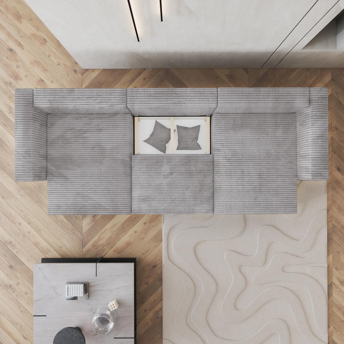 WOHNLANDSCHAFT SARMO Hellgrau Kordstoff mit Schlaffunktion - Hellgrau/Grau, Holz/Kunststoff (347/90/148cm) - MASSENO