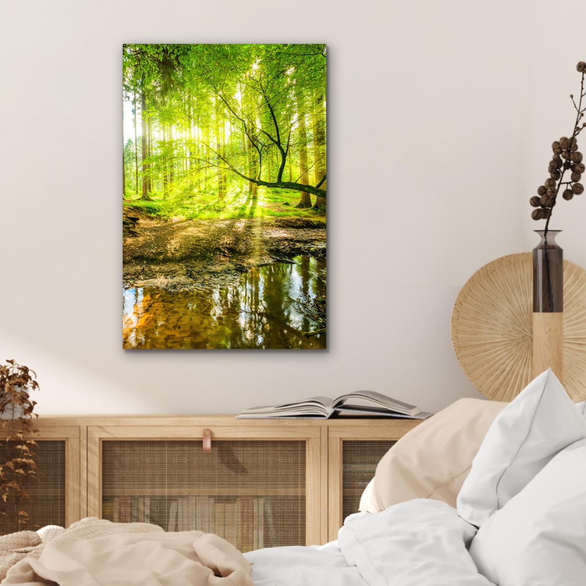 METALLBILD Wald - Landschaft - Wasser - Bäume - Sonne - Grün - Natur Deko Schlafzimmer 40x60 cm - Grün, Metall (40/60cm) - MuchoWow