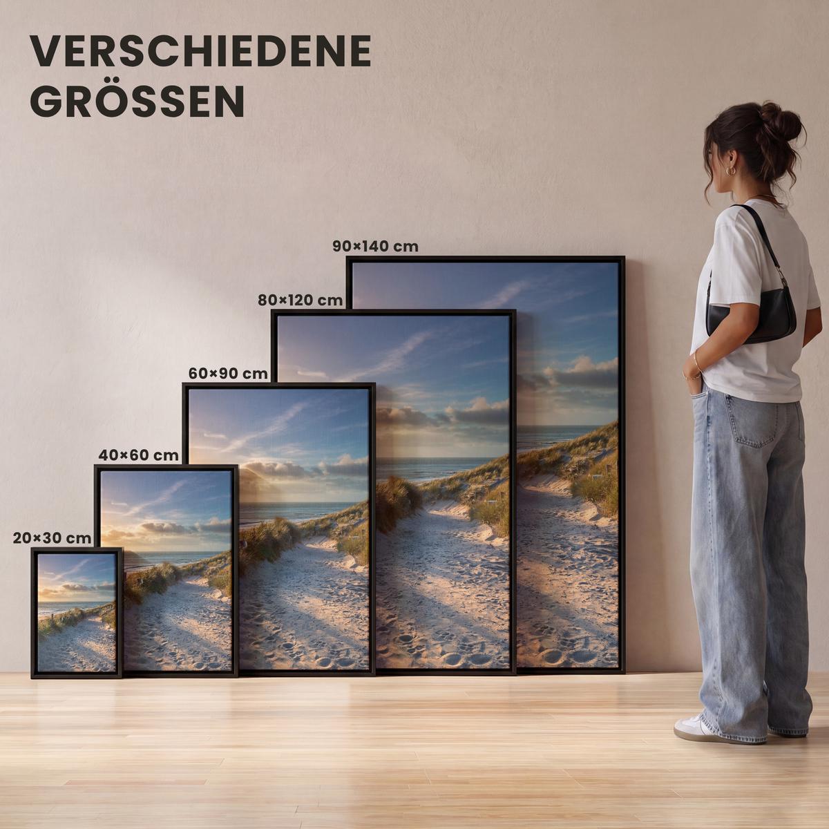 LEINWAND Bilder mit Rahmen - Sonnenuntergang - Strand - Düne - Gras - Ufer - 80x120 - Sandfarben, Textil (80/120cm) - MuchoWow