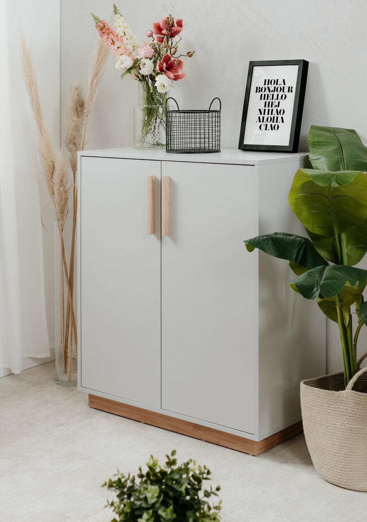 KOMMODE grau, Hickory Walnuss 82 cm, Sideboard 2-türig - Walnussfarben/Grau, Holzwerkstoff/Metall (82/94/40cm) - Furn.Design