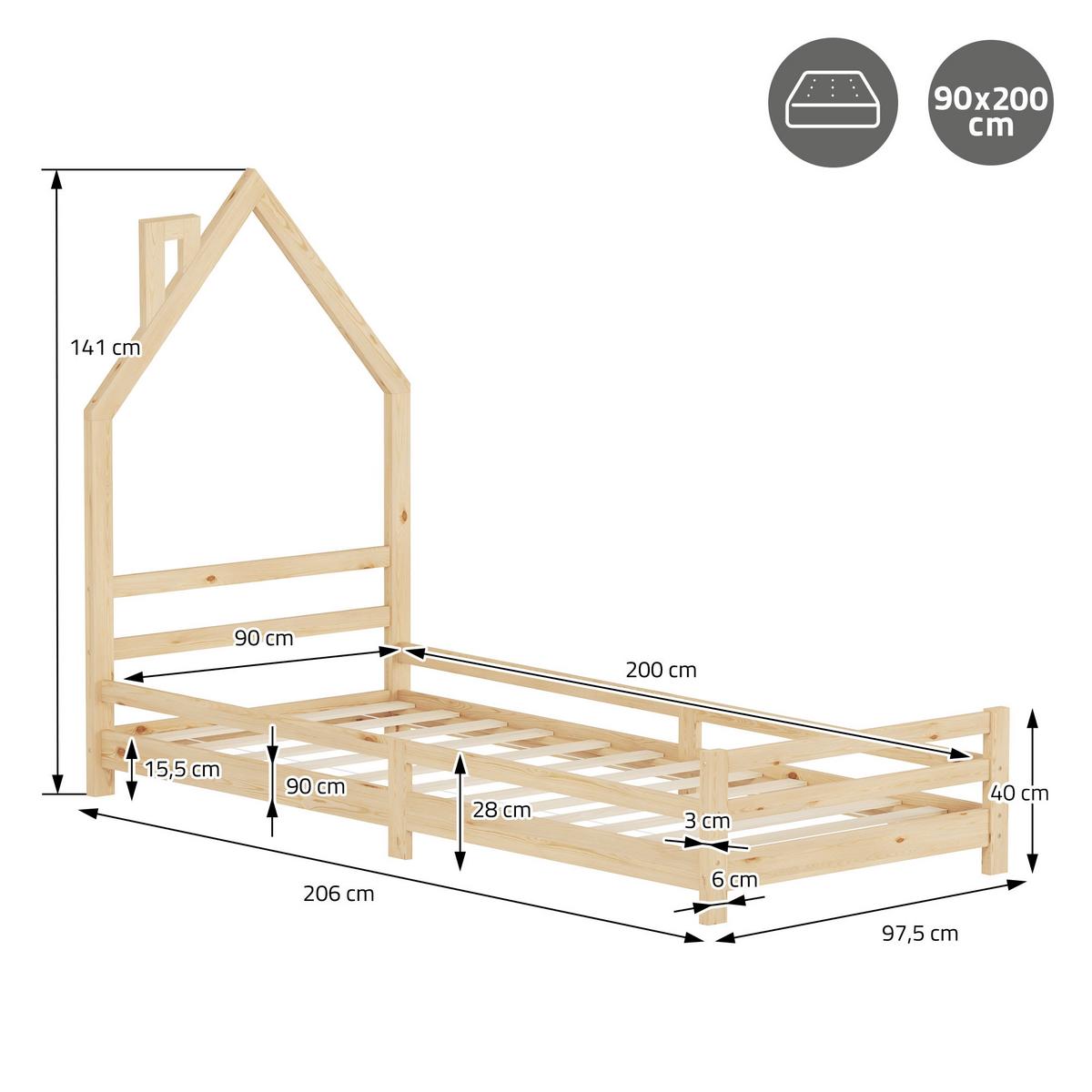 KINDERBETT Haus 90x200 cm mit Matratze Natur Kiefernholz - Naturfarben, Holz (90/200cm) - ML-DESIGN