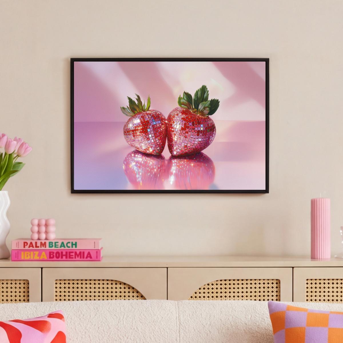 LEINWAND Bilder mit Rahmen - Disco - Obst - Glitzer - Erdbeere - 60x40 - Pink, Textil (60/40cm) - MuchoWow