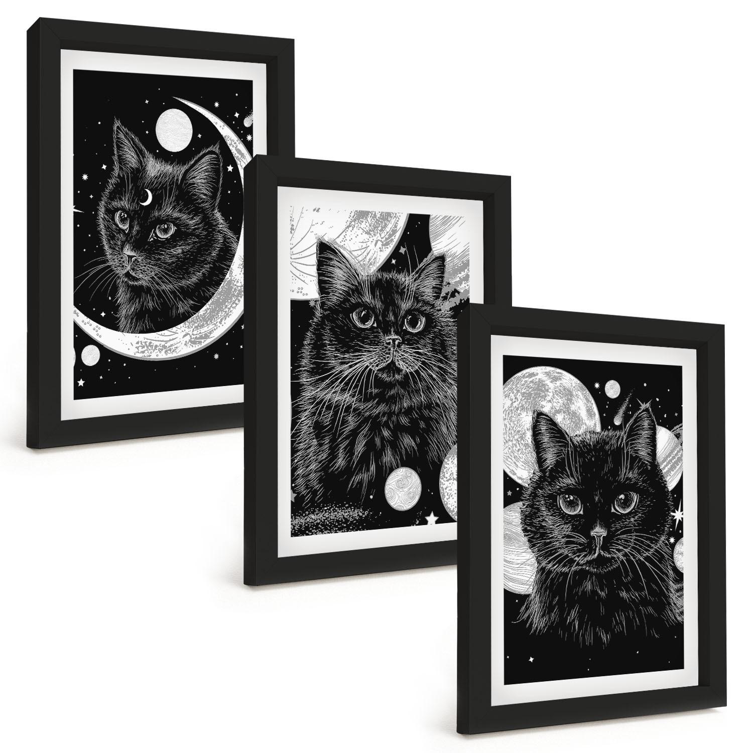 BILDER SET 3er Set - 20x30 cm Schwarzer Rahmen - Schwarze Katzen, Mond, Weltraum - Schwarz, Kunststoff (20/30cm) - TULUP
