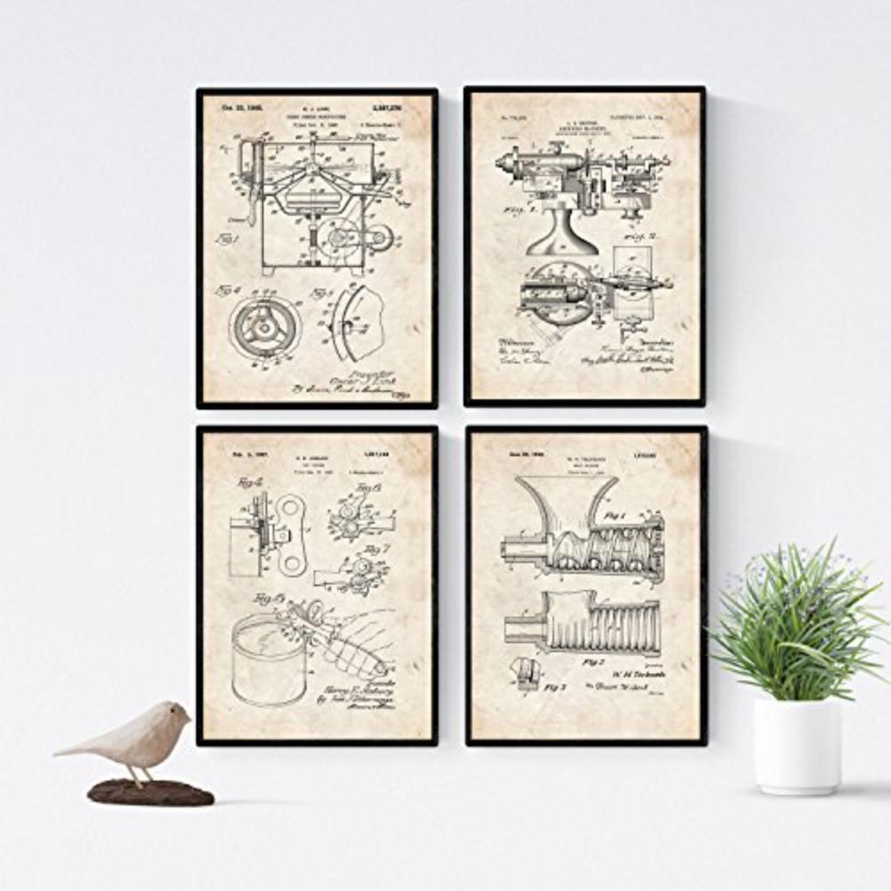 POSTER Set mit 4 Jahrgang Küche Patent A4 Schwarzer Rahmen - Schwarz, Papier (29.7/3cm) - Nacnic