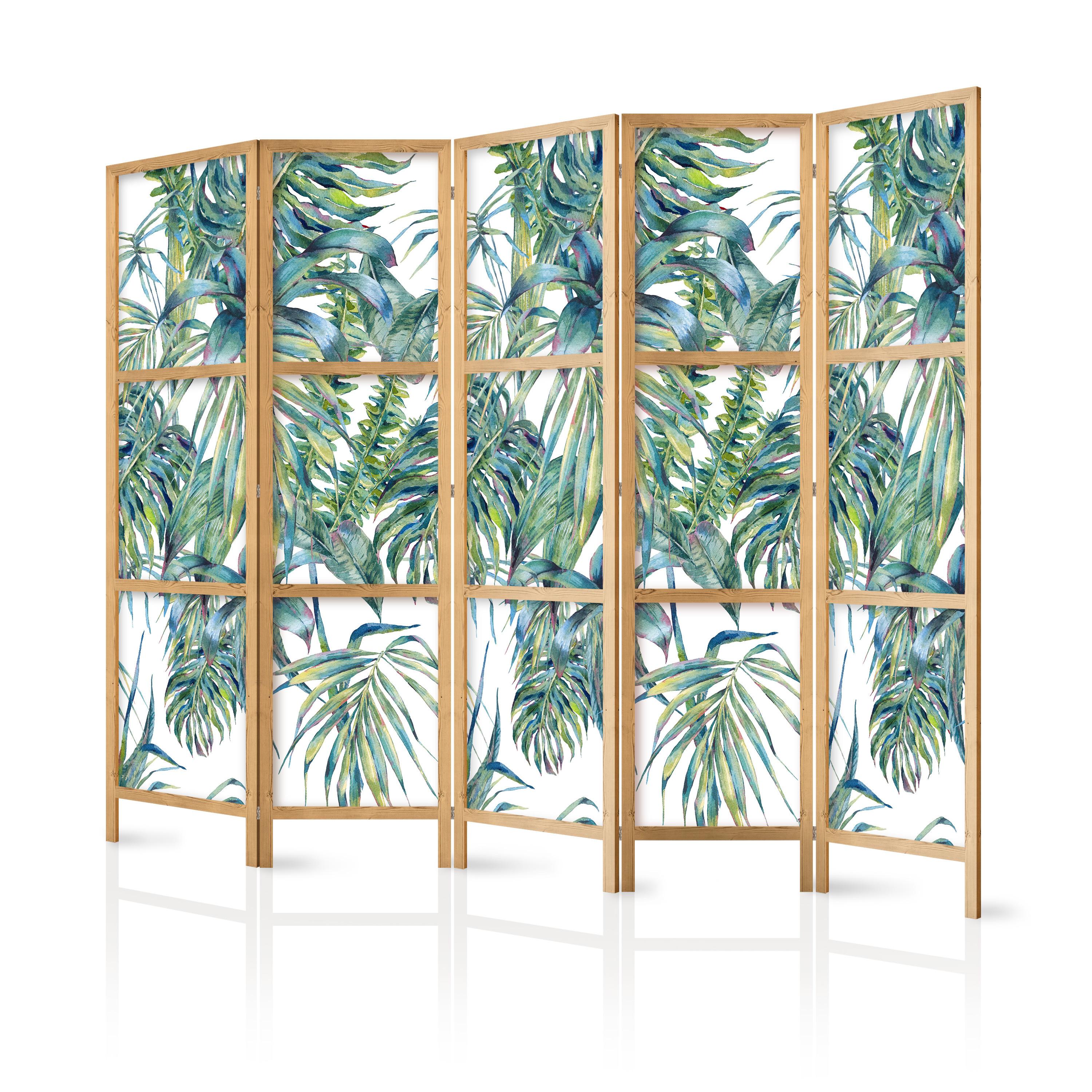 PARAVENT Japanischer 5-tlg 225x172 cm Tropische Pflanzen - Grün, Holz/Textil (225/172/3cm) - Muralo