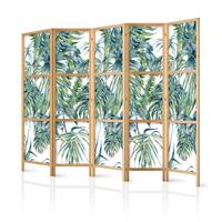 PARAVENT Japanischer 5-tlg 225x172 cm Tropische Pflanzen - Grün, Holz/Textil (225/172/3cm) - Muralo