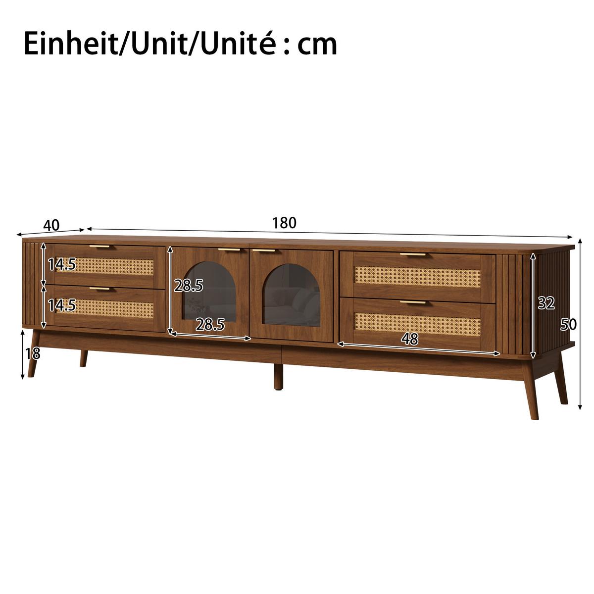 TV-LOWBOARD Nussbaum mit LED-Beleuchtung, Bogen-Glastüren & 4 Schubladen - Walnussfarben, Holzwerkstoff (180/50/40cm) - Urban Meuble