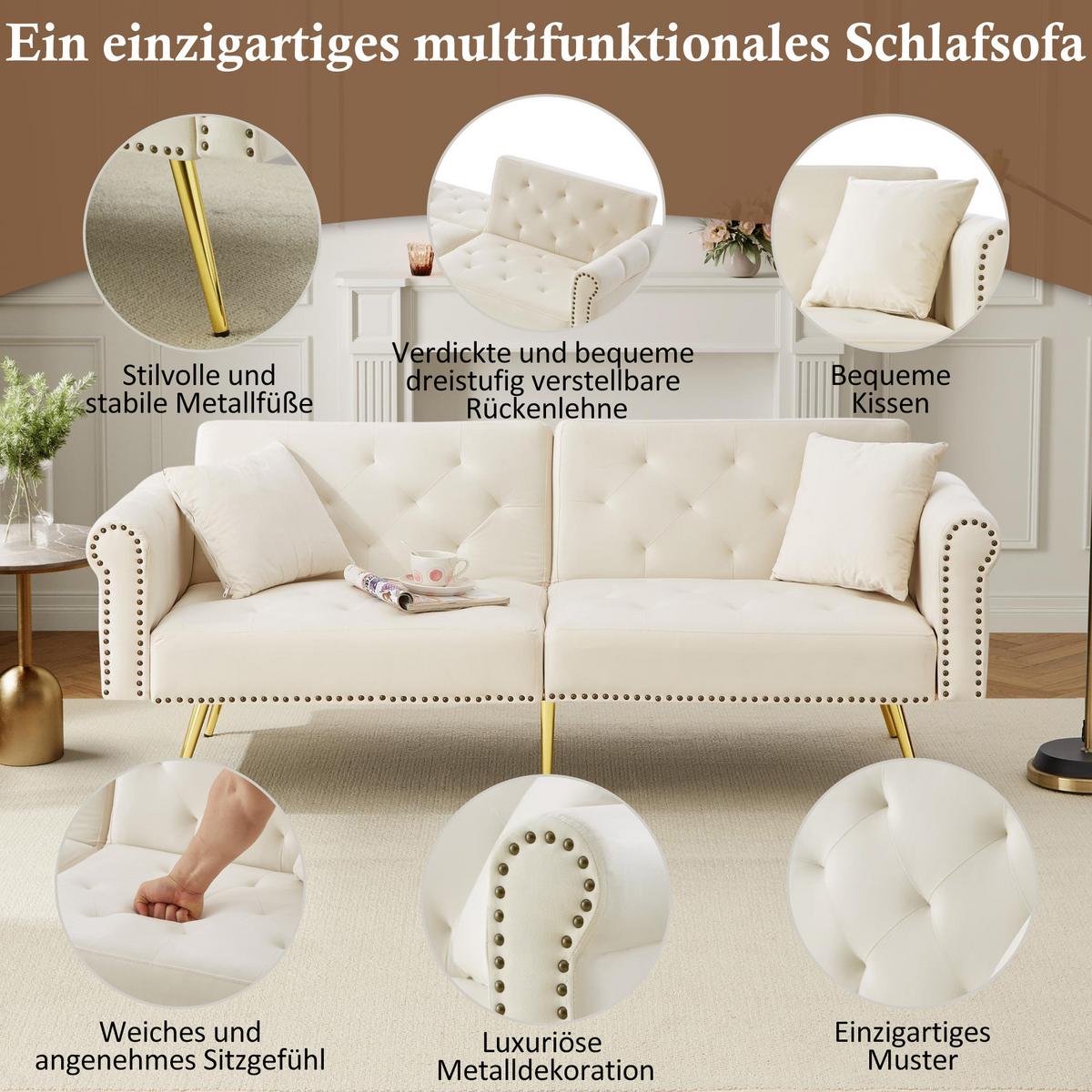 SCHLAFSOFA 2-in-1 Funktion Velours - Beige, Kunststoff (173/70/75cm) - Urban Meuble