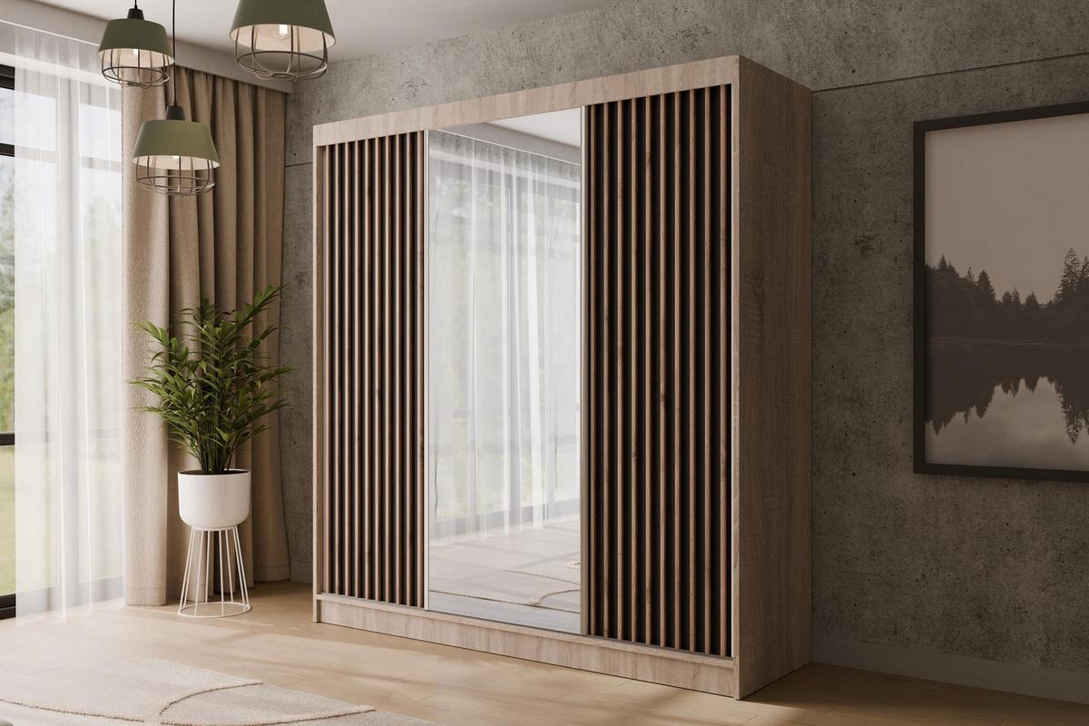 KLEIDERSCHRANK mit Spiegel V2-ZENTI 215x200 cm Sonoma Eiche|Schwarz - Schwarz/Sonoma Eiche, Holzwerkstoff (200/215/61cm) - ALTDECOR